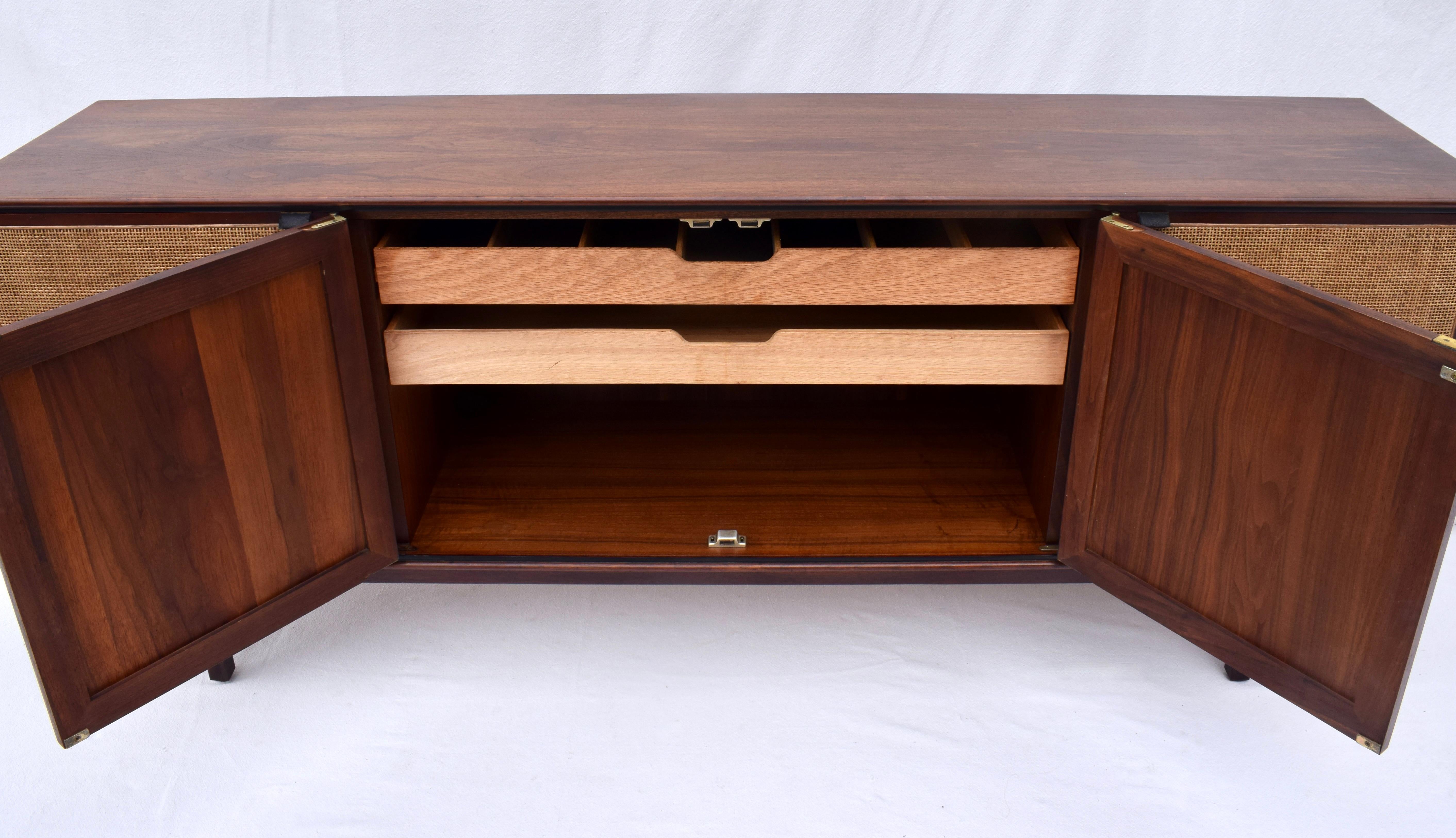 1950's Florence Knoll Caned Walnut Credenza With Leather Pulls 2
