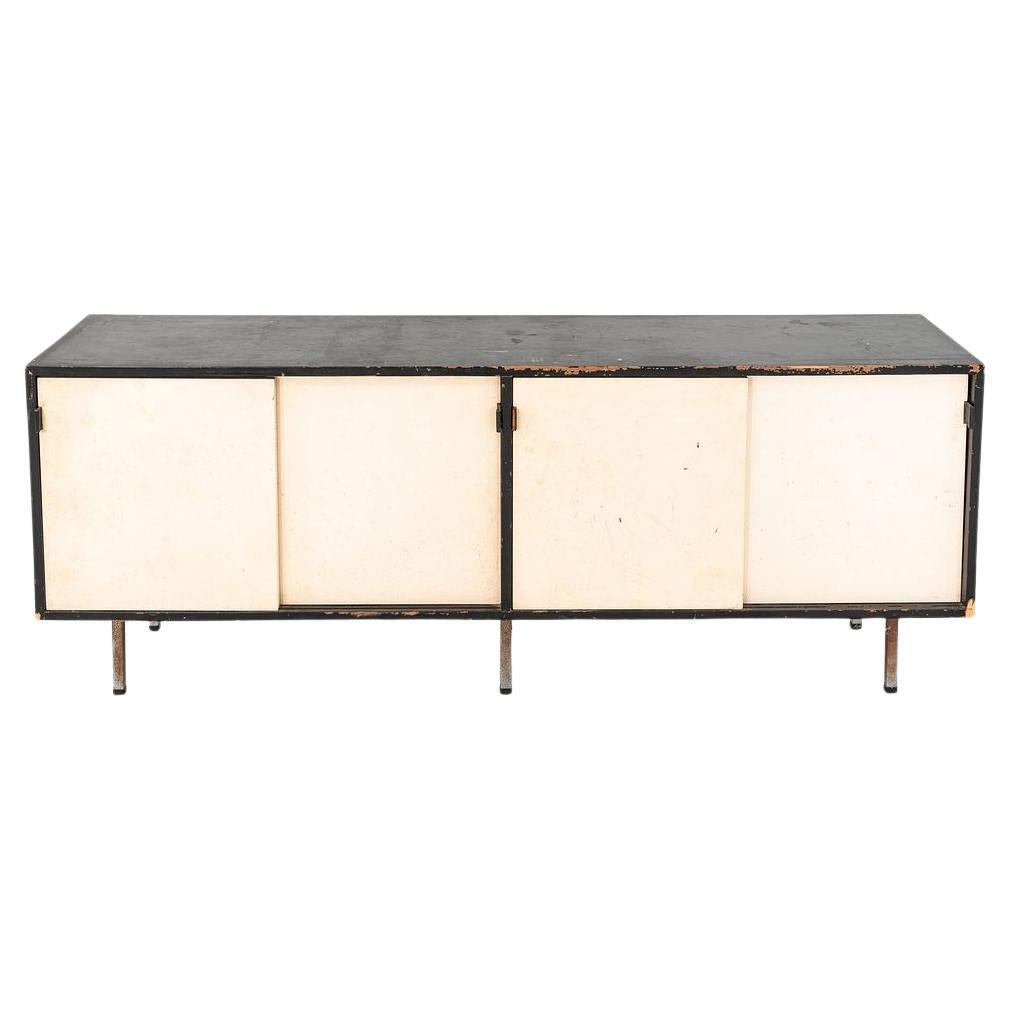 1950s Crédence Florence Knoll en noir avec poignées en cuir d'origine Modèle 541