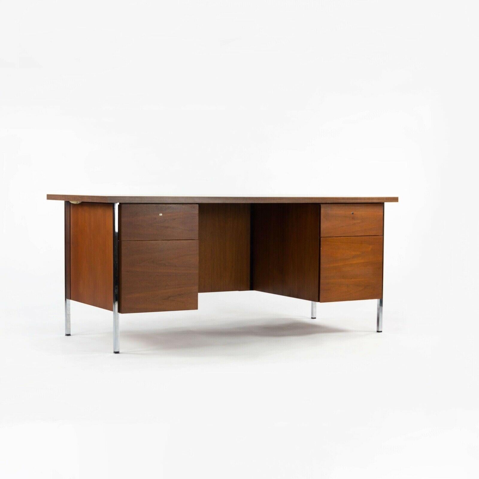 Modern 1950s Florence Knoll Double Pedestal Walnut Chrome and Laminate Executive Desk For Sale