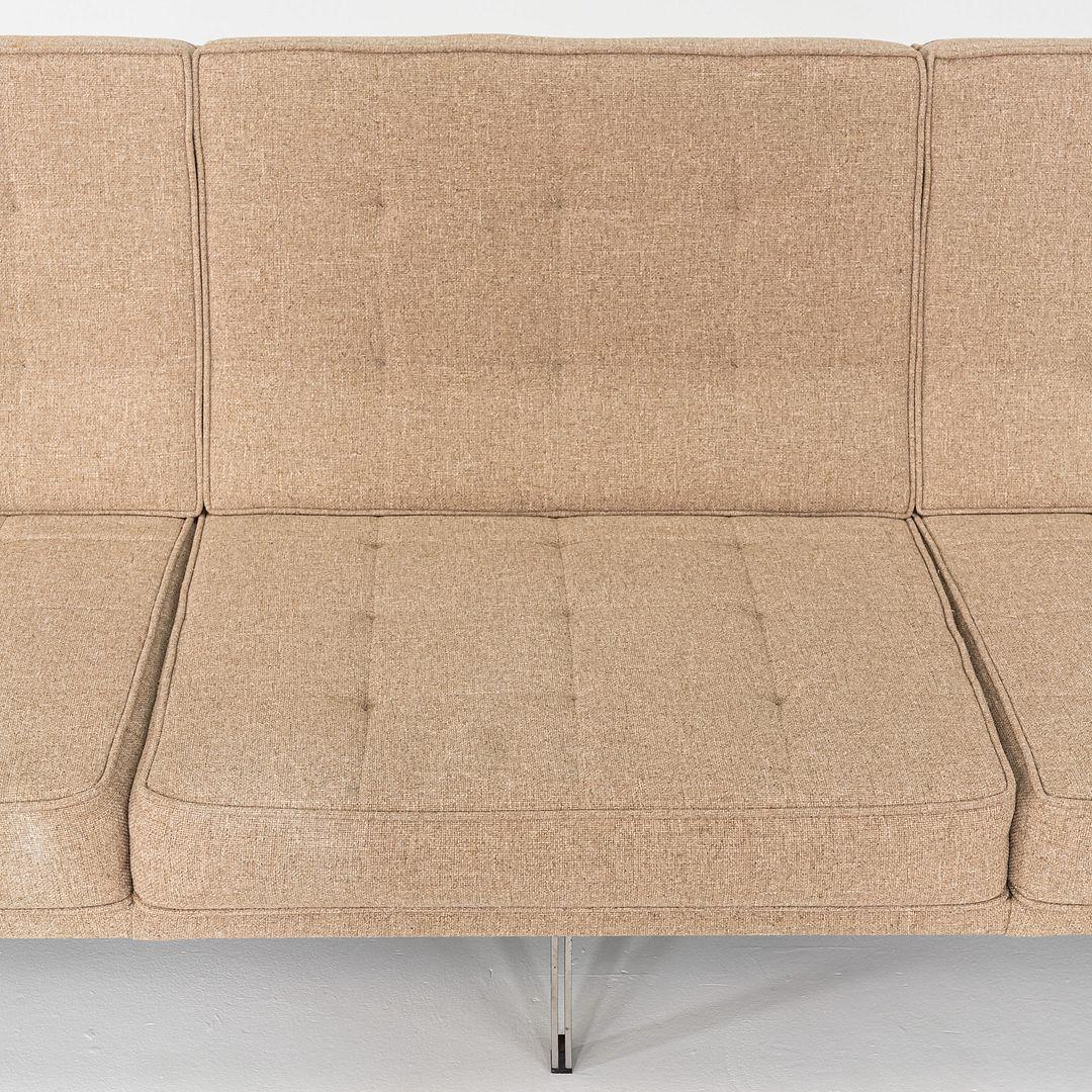 1950s Florence Knoll Parallel Bar Three Seat Sofa with Updated Oatmeal Hopsack For Sale 3