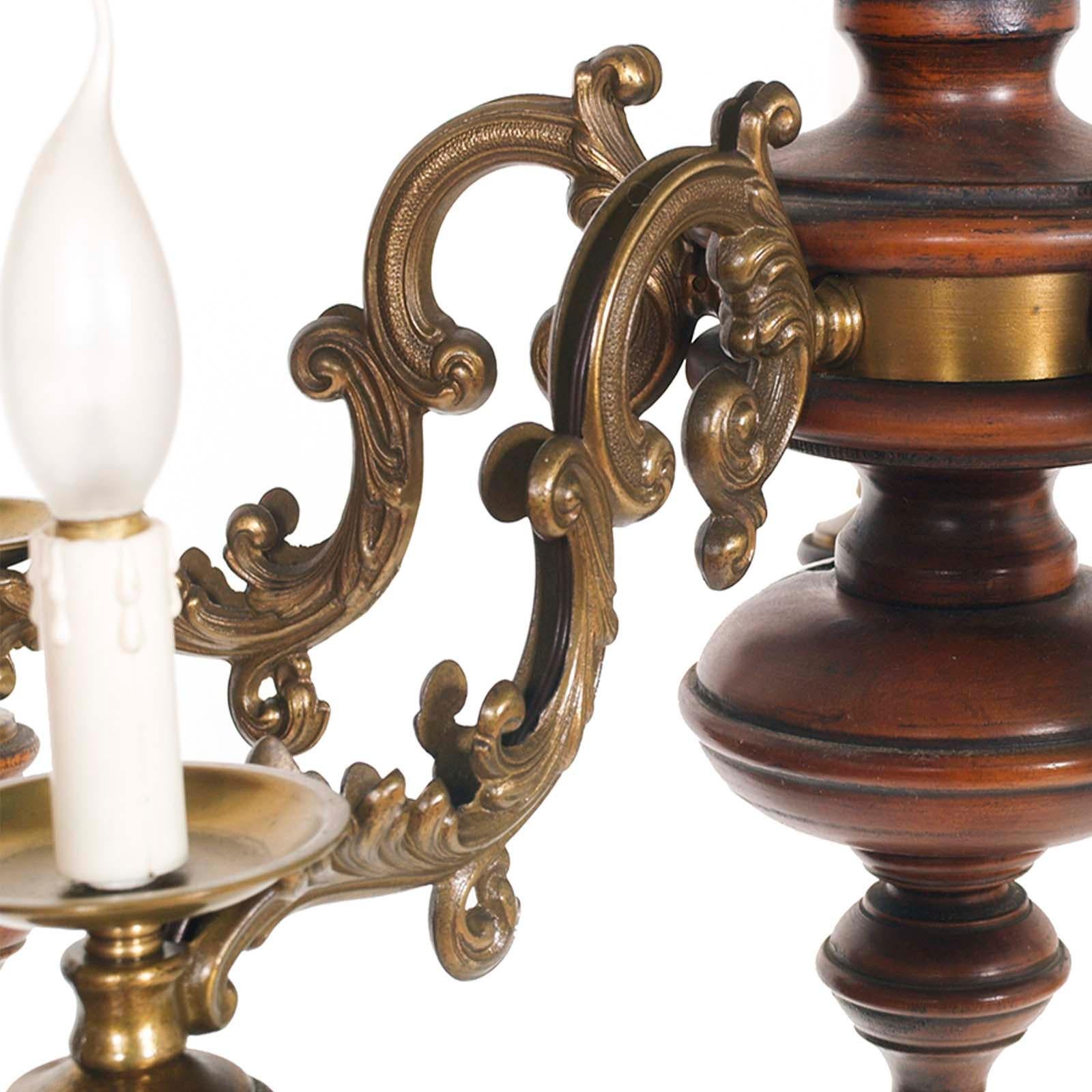 Baroque Revival 1950s Florentine Baroque Ceiling Chandelier, Turned Laquered Walnut and Bronze For Sale