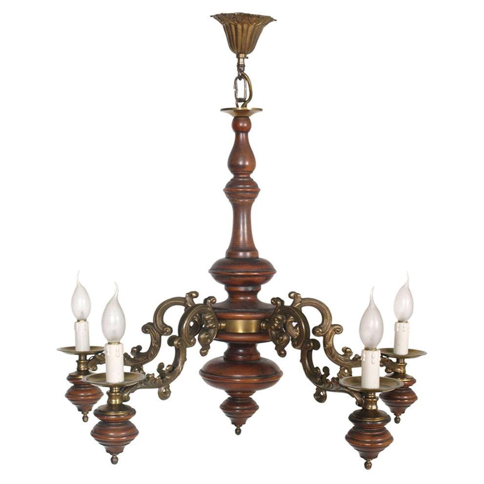 1950s Florentine Baroque Ceiling Chandelier, Turned Laquered Walnut and Bronze