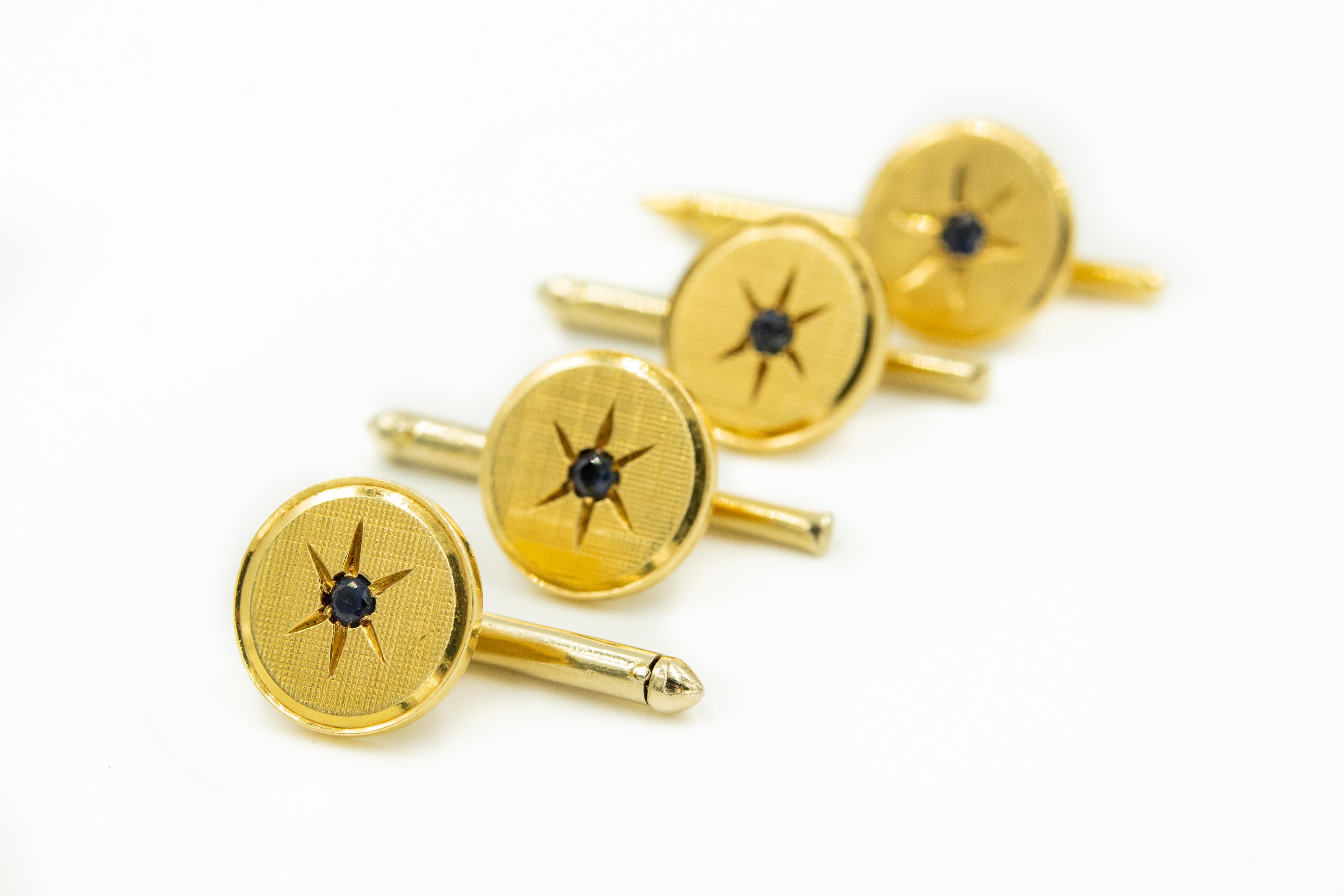 1950s Florentine Finish Round Yellow Gold and Sapphire Cufflinks Studs Dress Set 1