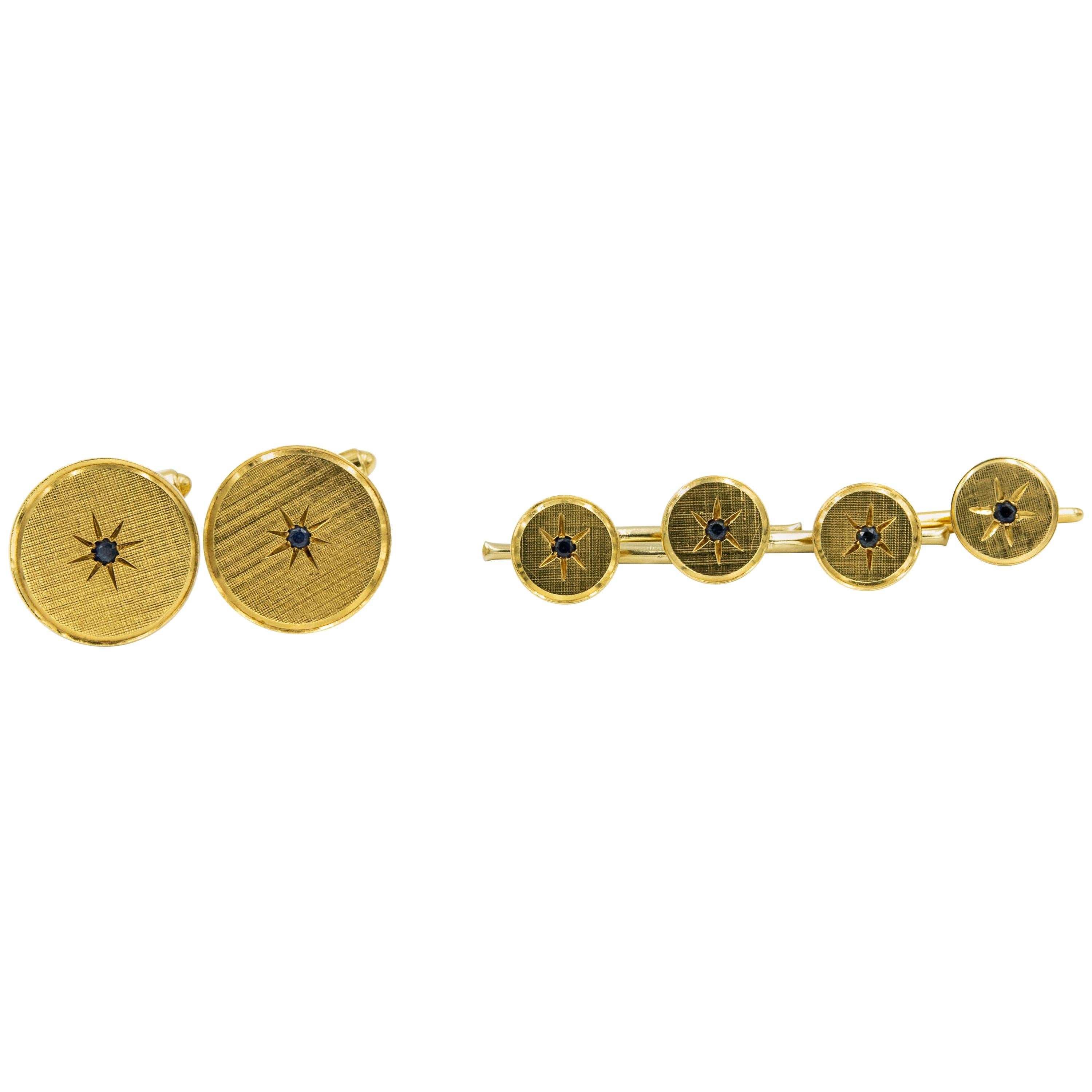 1950s Florentine Finish Round Yellow Gold and Sapphire Cufflinks Studs Dress Set