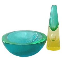 Vintage 1950s Florescent Turquoise and Yellow Vase and Bowl Set