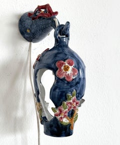 1950's Flower and Coral Maiolica Illuminated Lantern by Vietri Italy