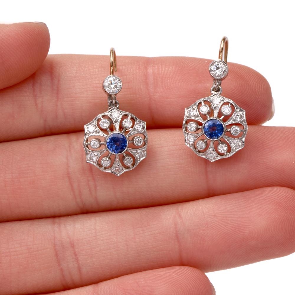 Art Deco 1950s Flower Diamond Sapphire Platinum 18 Karat Gold Dangle Earrings