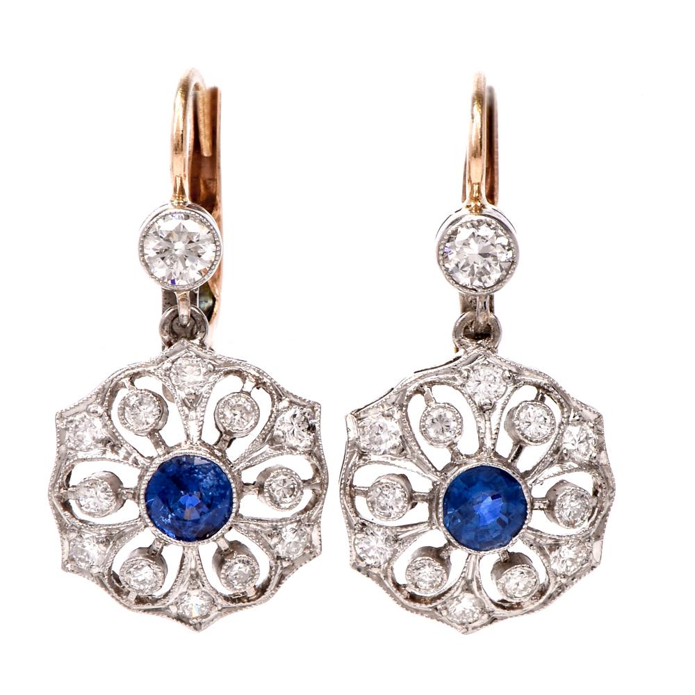 1950s Flower Diamond Sapphire Platinum 18 Karat Gold Dangle Earrings In Good Condition In Miami, FL