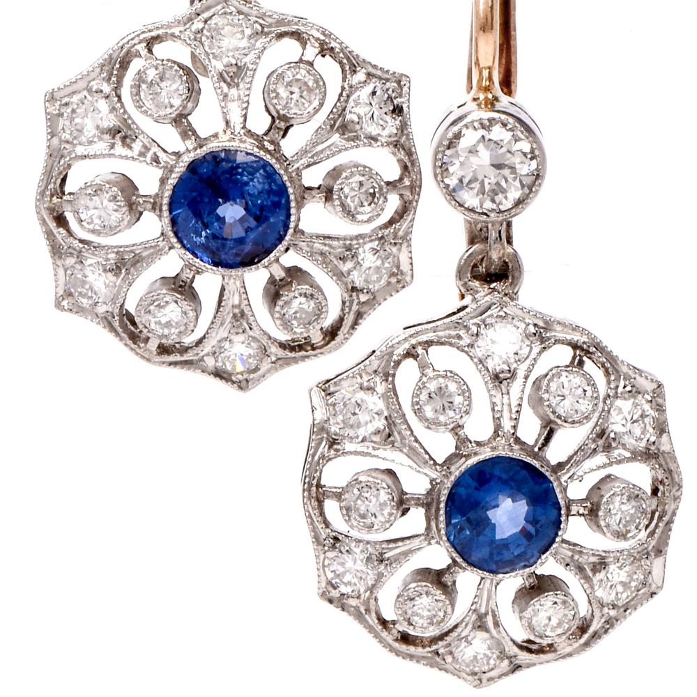 Women's 1950s Flower Diamond Sapphire Platinum 18 Karat Gold Dangle Earrings