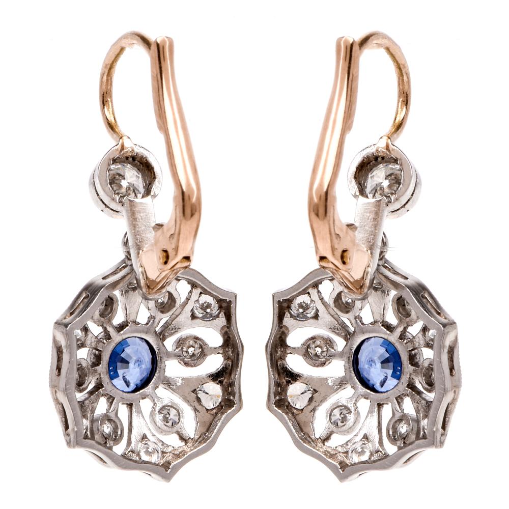 1950s Flower Diamond Sapphire Platinum 18 Karat Gold Dangle Earrings 1