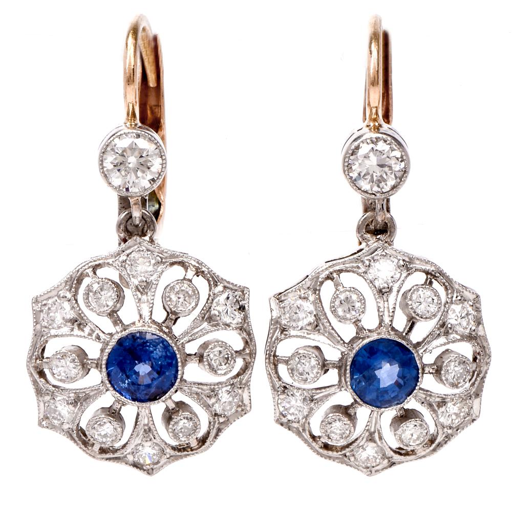 1950s Flower Diamond Sapphire Platinum 18 Karat Gold Dangle Earrings