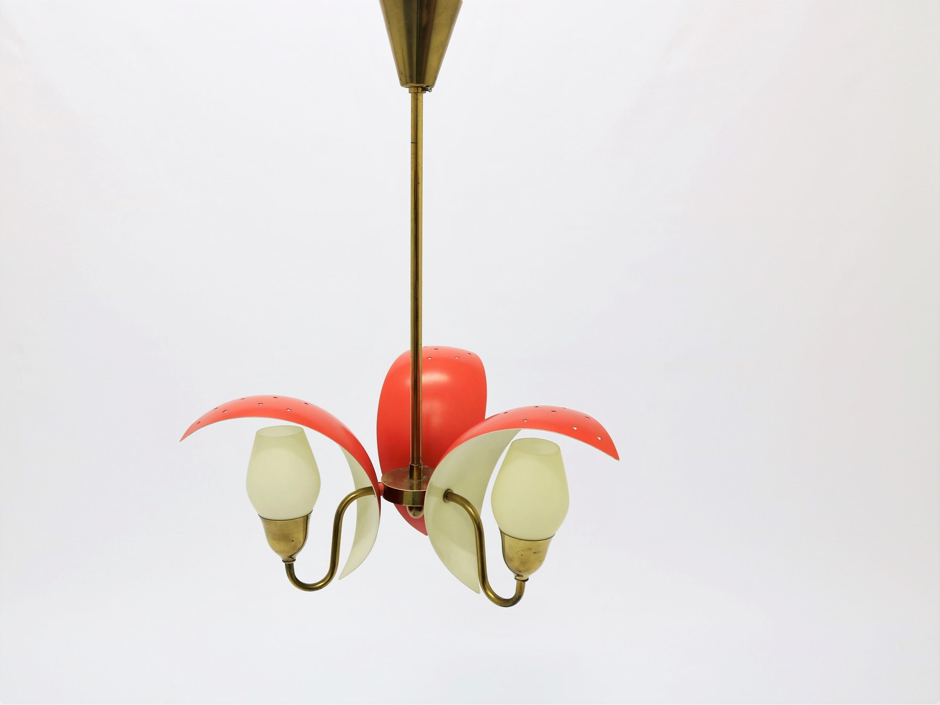 Beautiful Art Deco chandelier in brass, opal glass and red painted metal. Made in Denmark by Fog & Mørup in the 1940s and sometimes ascribed to famous Danish designer Bent Karlby.