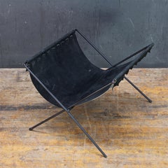 Vintage 1950s Folding Rack Black Suede Leather Sling Magazine Kindling Holder