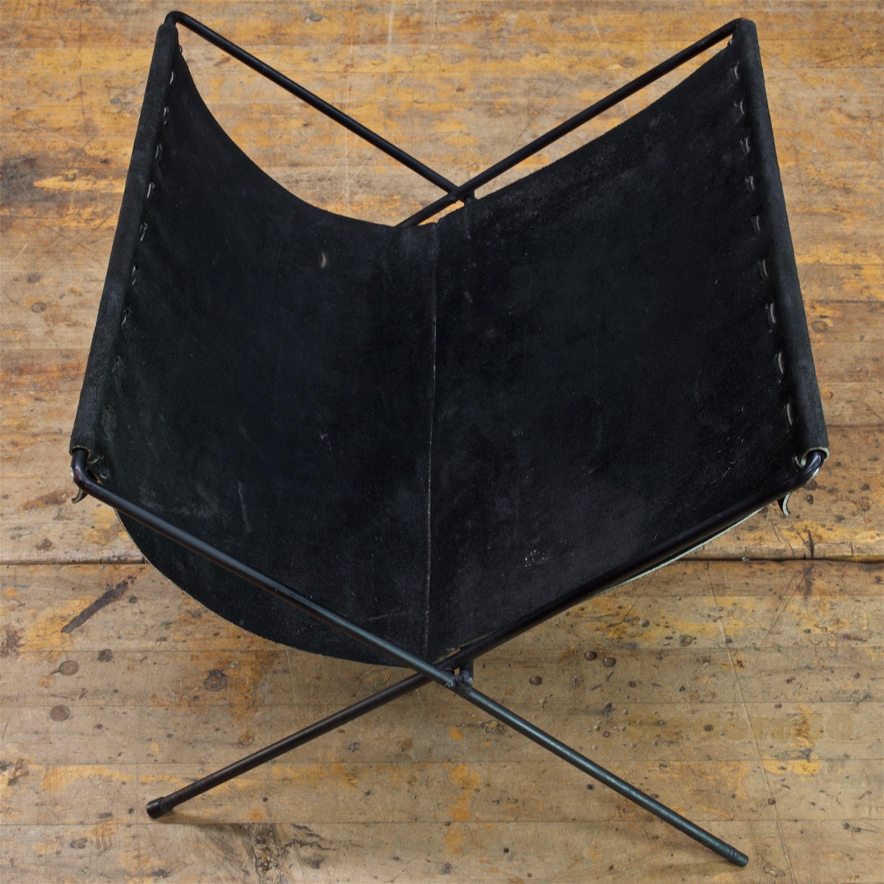 American Vintage 1950s Folding Rack Black Suede Leather Sling Magazine Kindling Holder For Sale