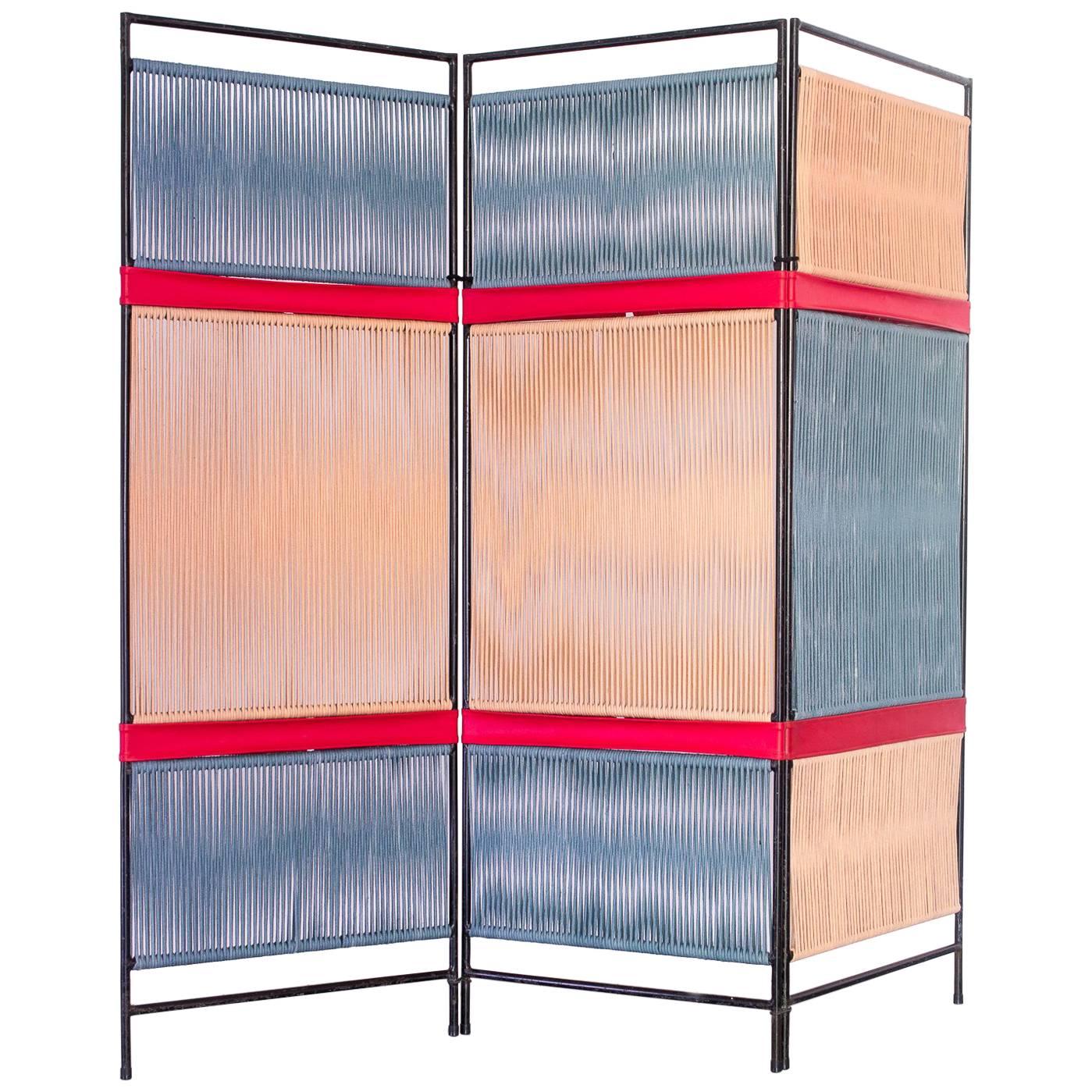 1950s Folding Screen in Iron and Cotton Cords by Joaquim Tenreiro, Brazil Modern