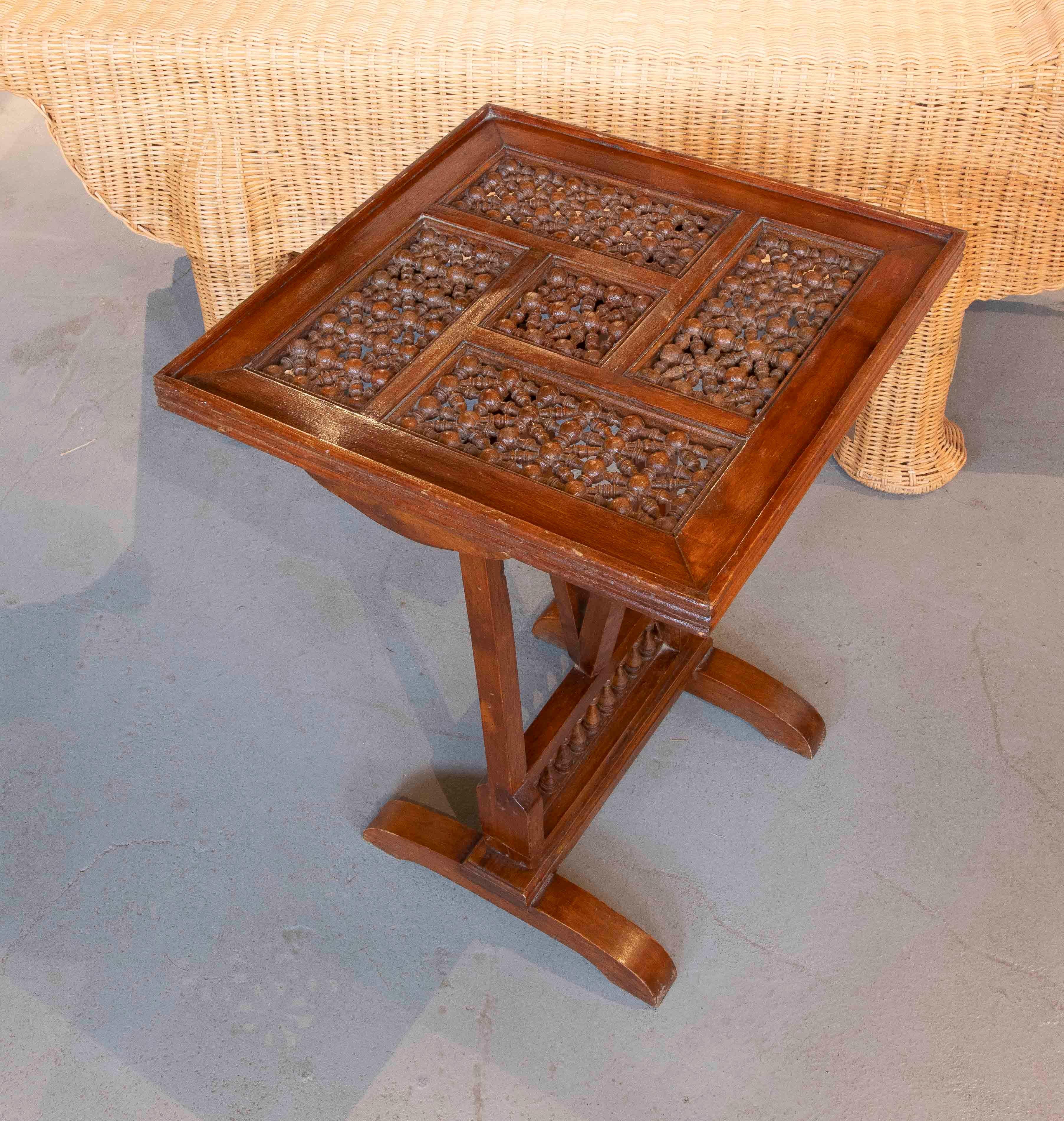 Hand-Carved 1950s Folding Wooden Side Table with Elaborate Ornamental Carving For Sale
