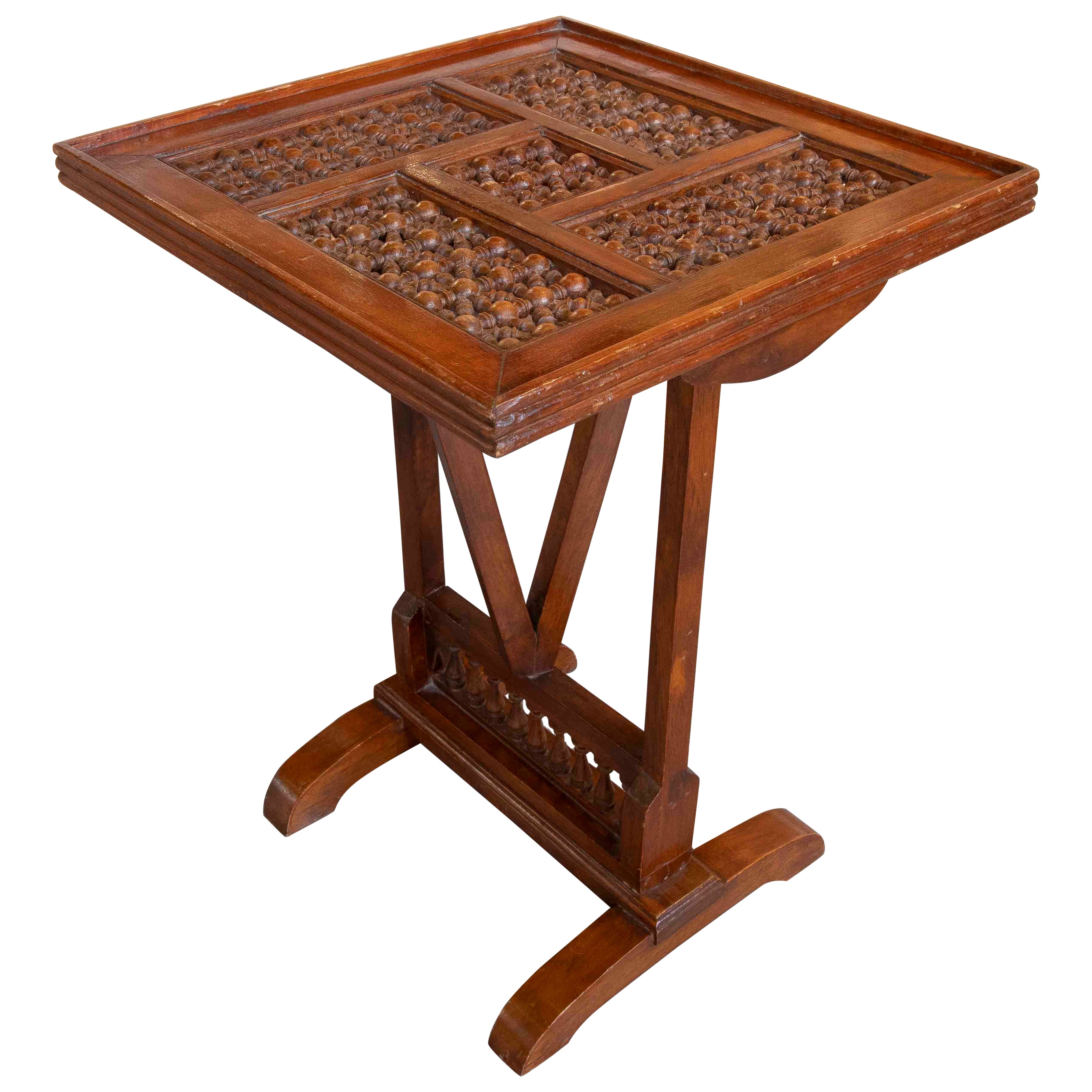 1950s Folding Wooden Side Table with Elaborate Ornamental Carving For Sale