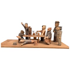 1950s Folk Art Sculpture Group Of Drunk Swedes At Bar Scene