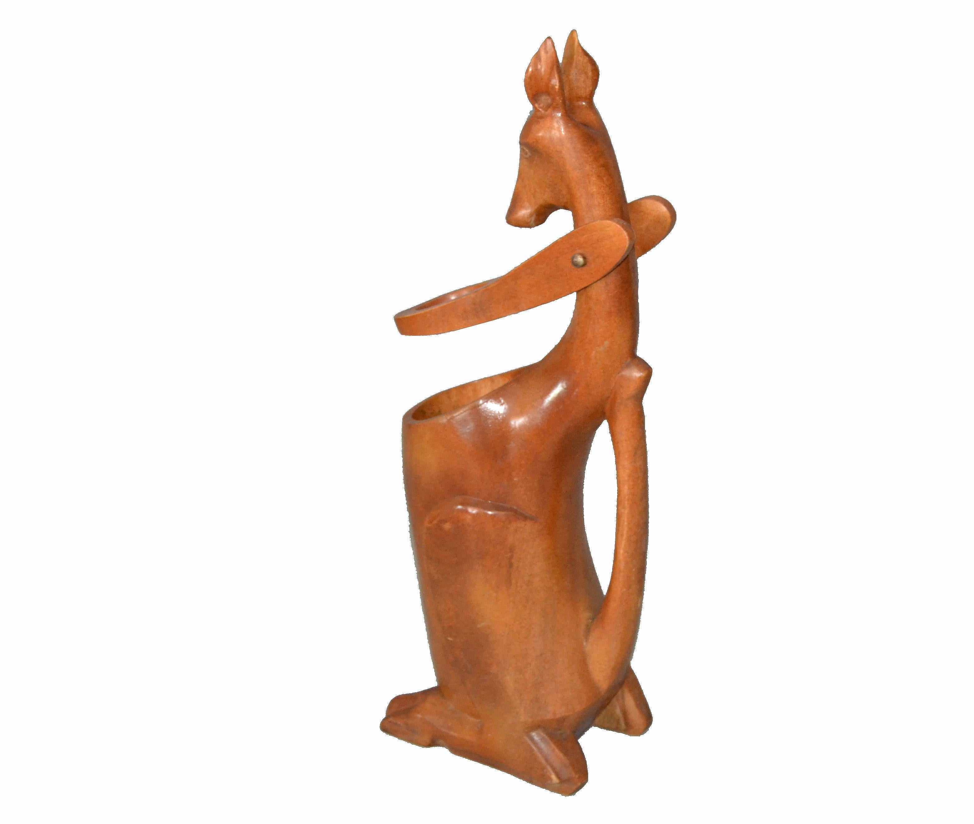 1950s Folk Art Hand Carved Wooden Kangaroo Wine Bottle Holder Pourer Dispenser In Good Condition For Sale In Miami, FL