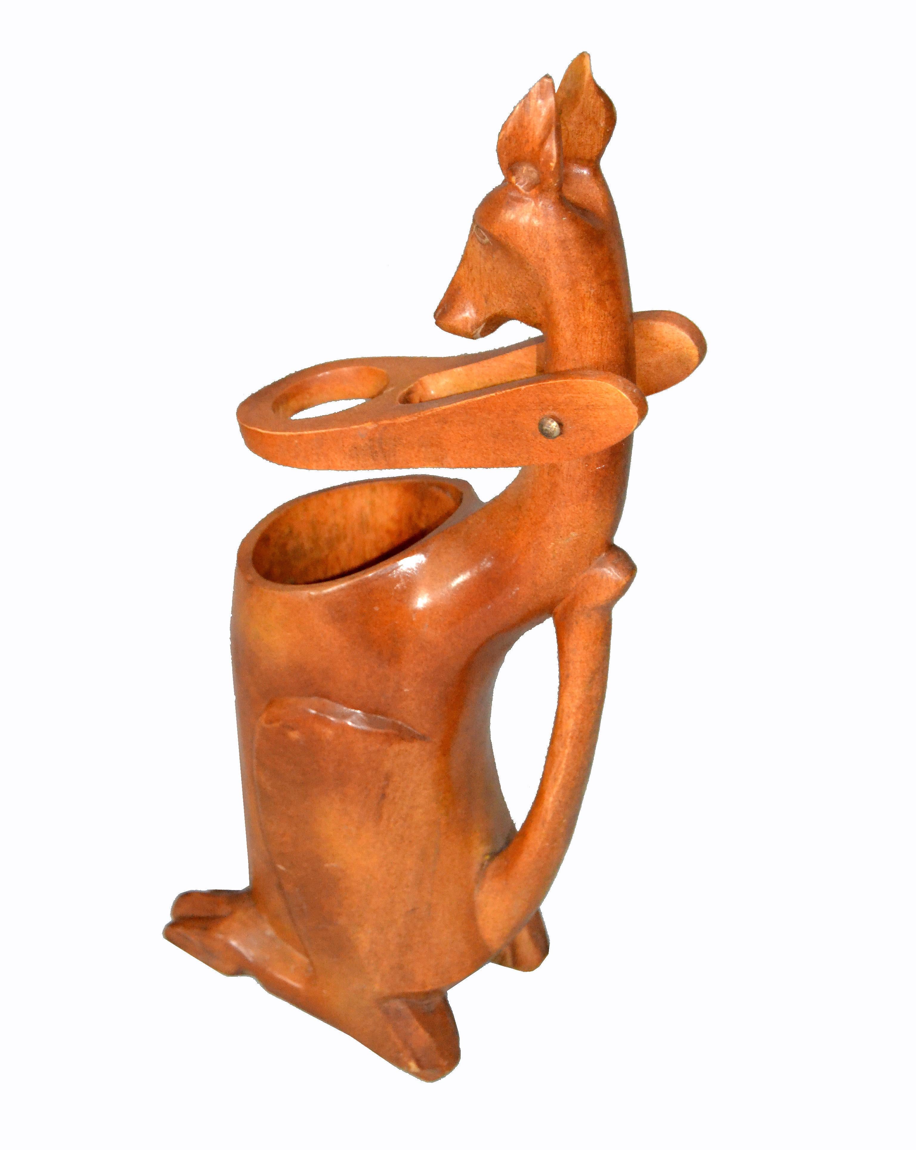 Mid-20th Century 1950s Folk Art Hand Carved Wooden Kangaroo Wine Bottle Holder Pourer Dispenser For Sale
