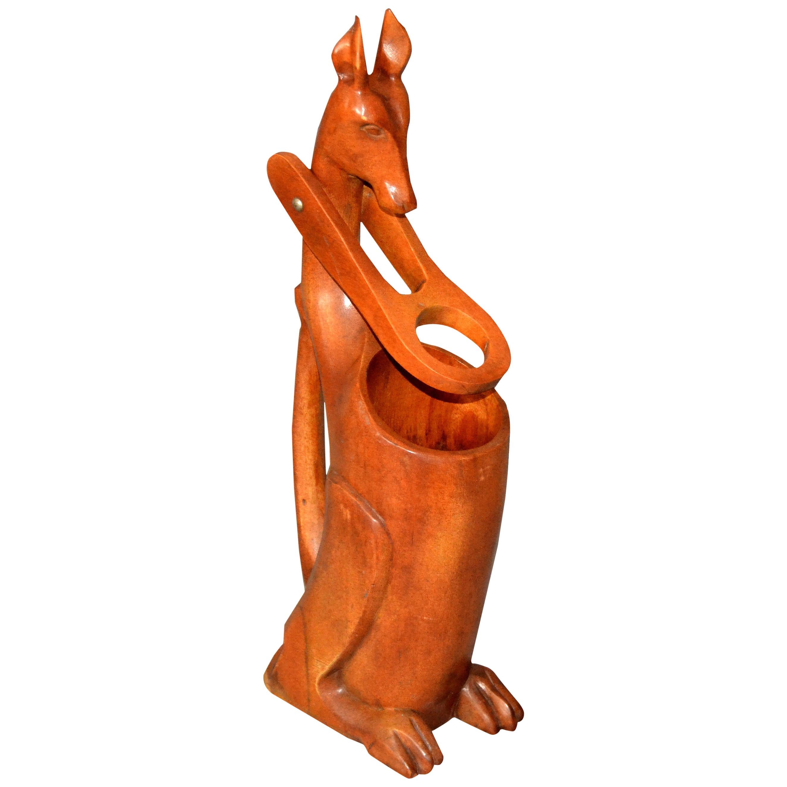 1950s Folk Art Hand Carved Wooden Kangaroo Wine Bottle Holder Pourer Dispenser For Sale