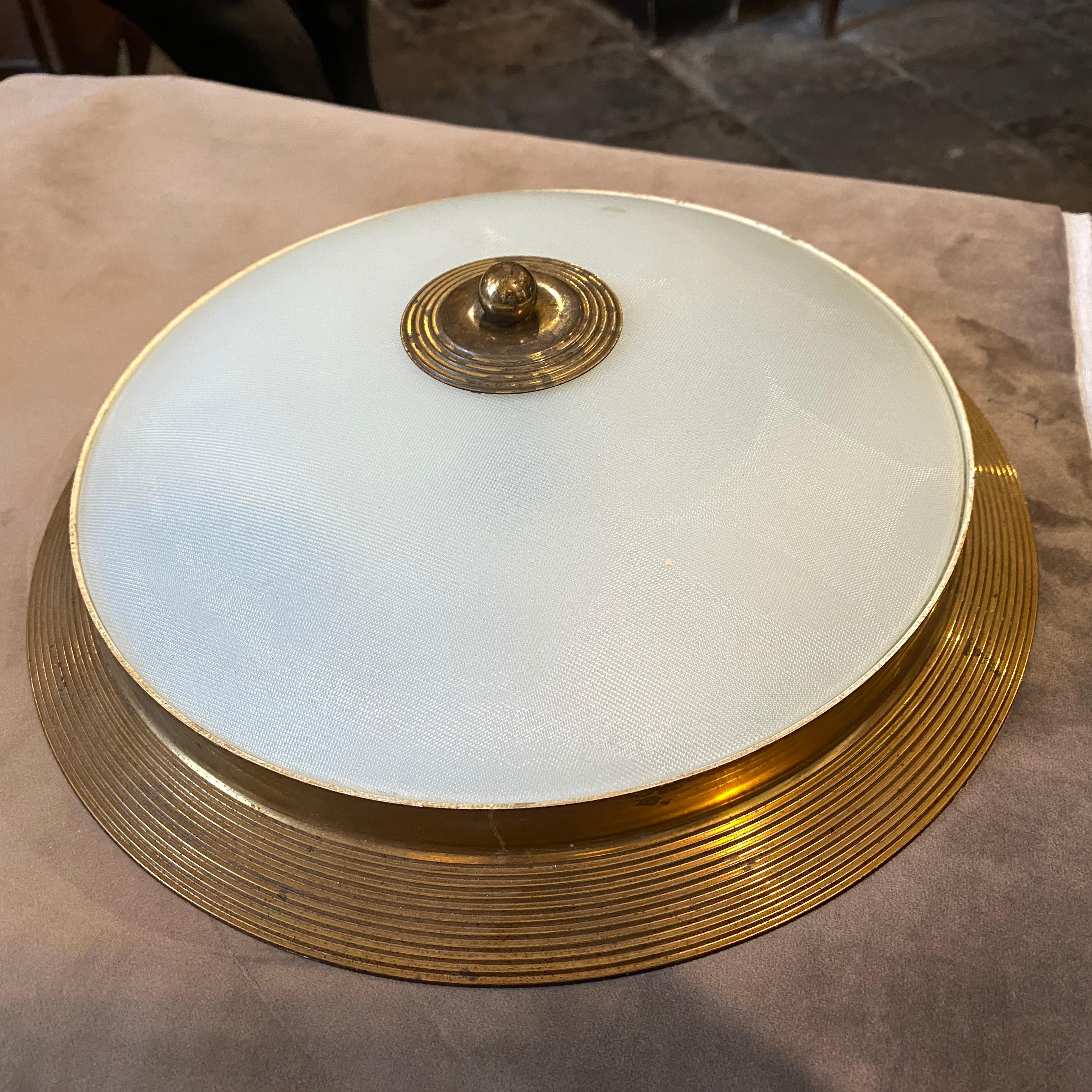 1950s Fontana Arte Attributed Brass and Glass Round Ceiling Light 6