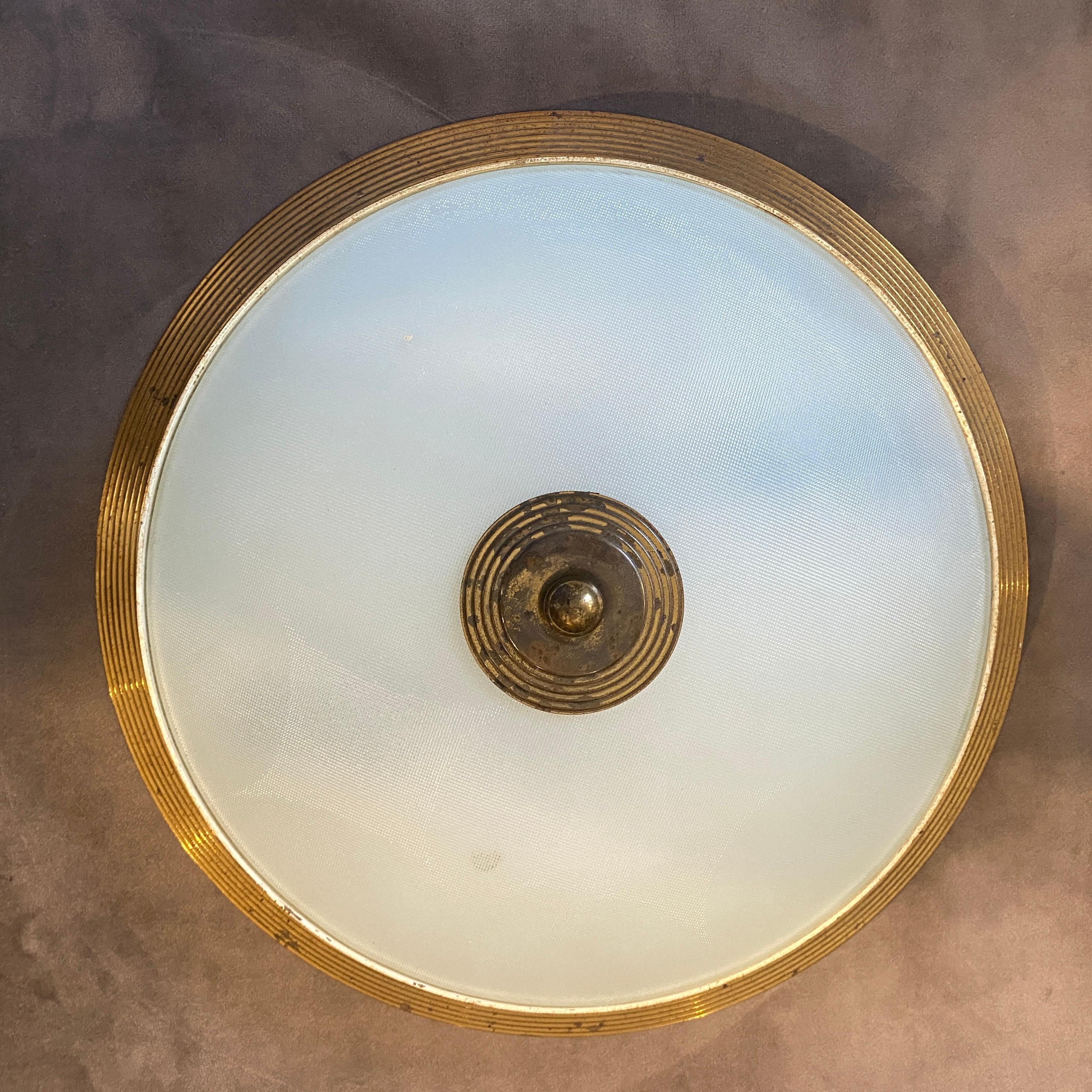 1950s Fontana Arte Attributed Brass and Glass Round Ceiling Light In Good Condition In Aci Castello, IT