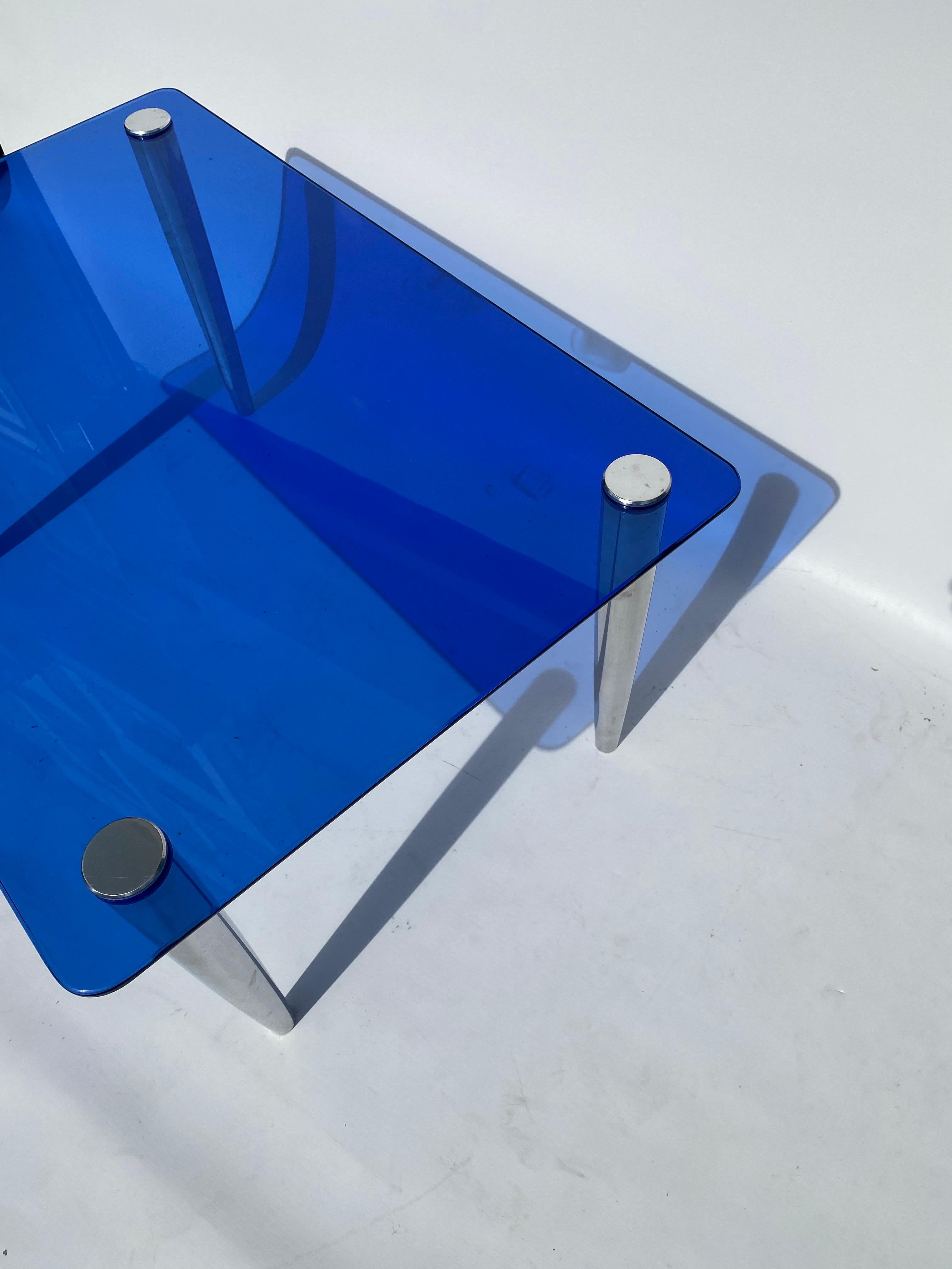 1950s Fontana Arte Blau Glas Rechteckig Couchtisch Stahl Chrom Sofa Italienisch im Angebot 5