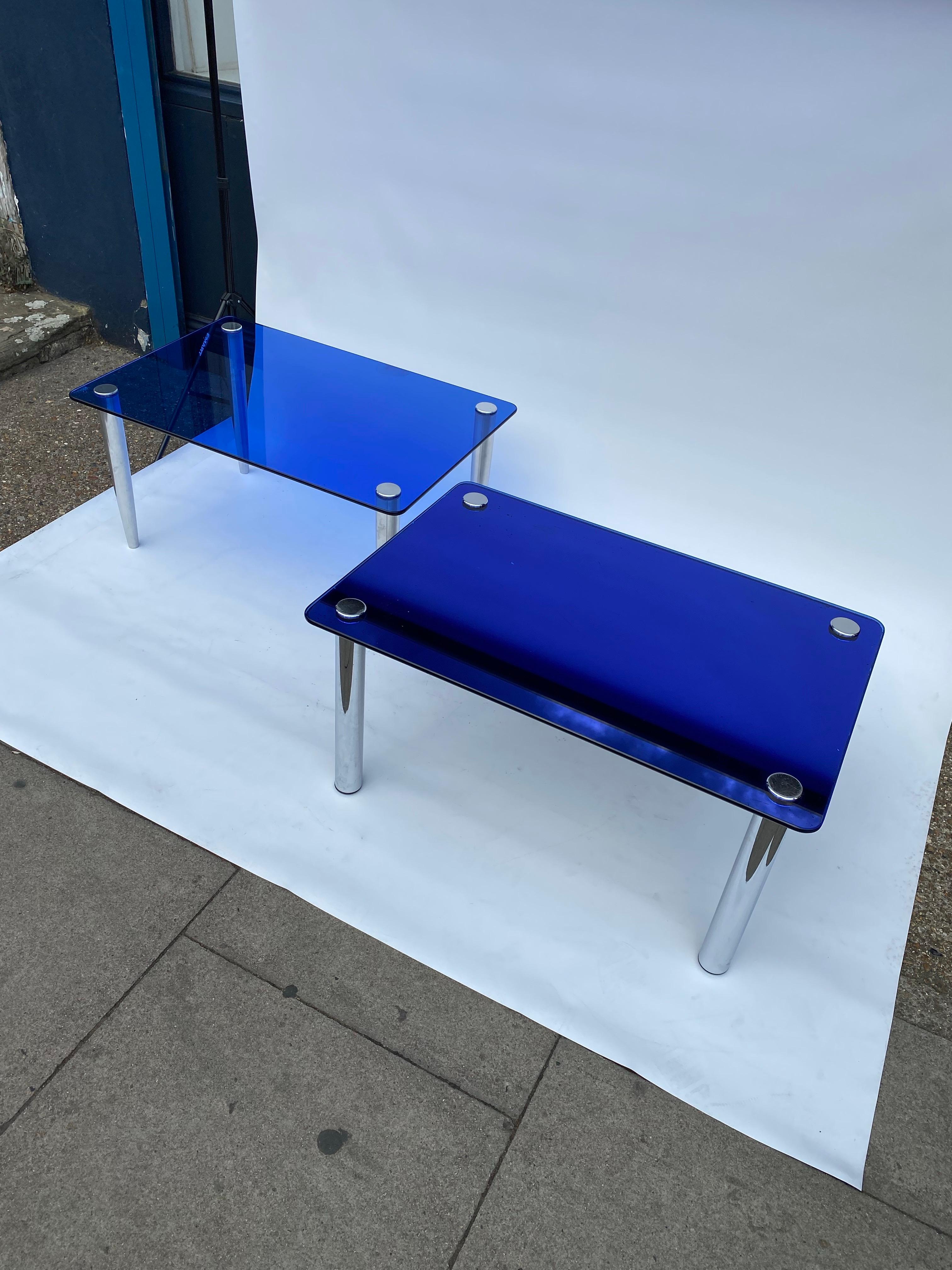 1950s Fontana Arte Blau Glas Rechteckig Couchtisch Stahl Chrom Sofa Italienisch im Angebot 9