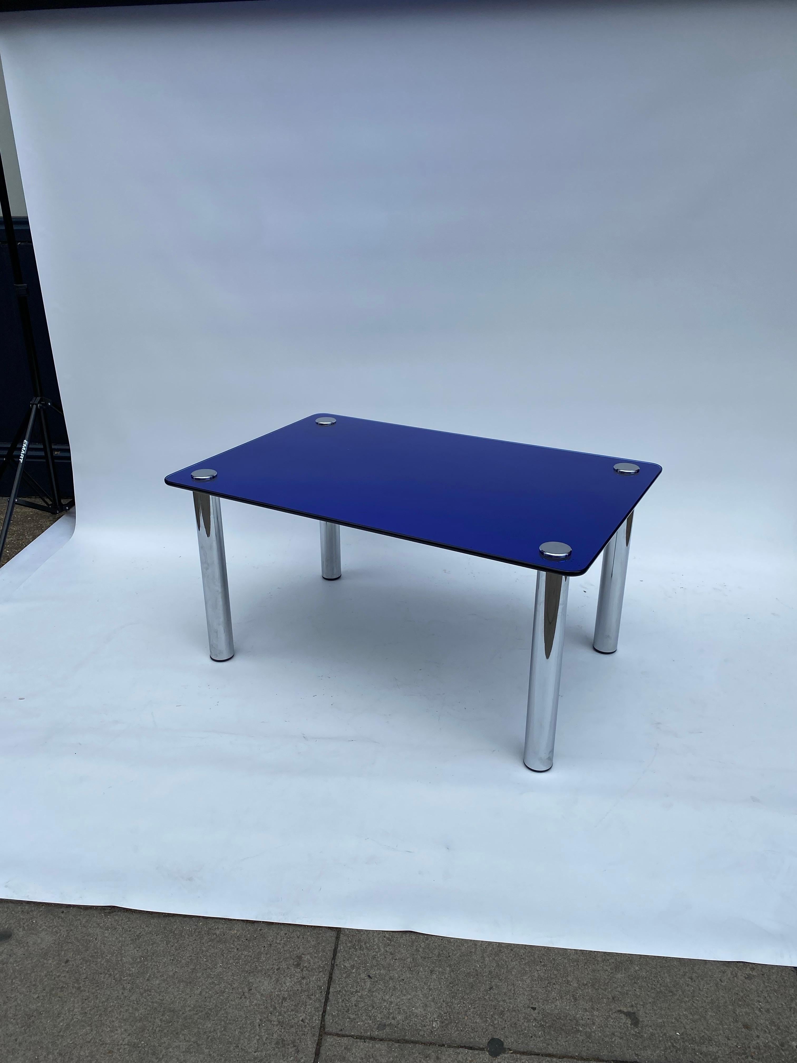1950s Fontana Arte Blau Glas Rechteckig Couchtisch Stahl Chrom Sofa Italienisch im Angebot 11
