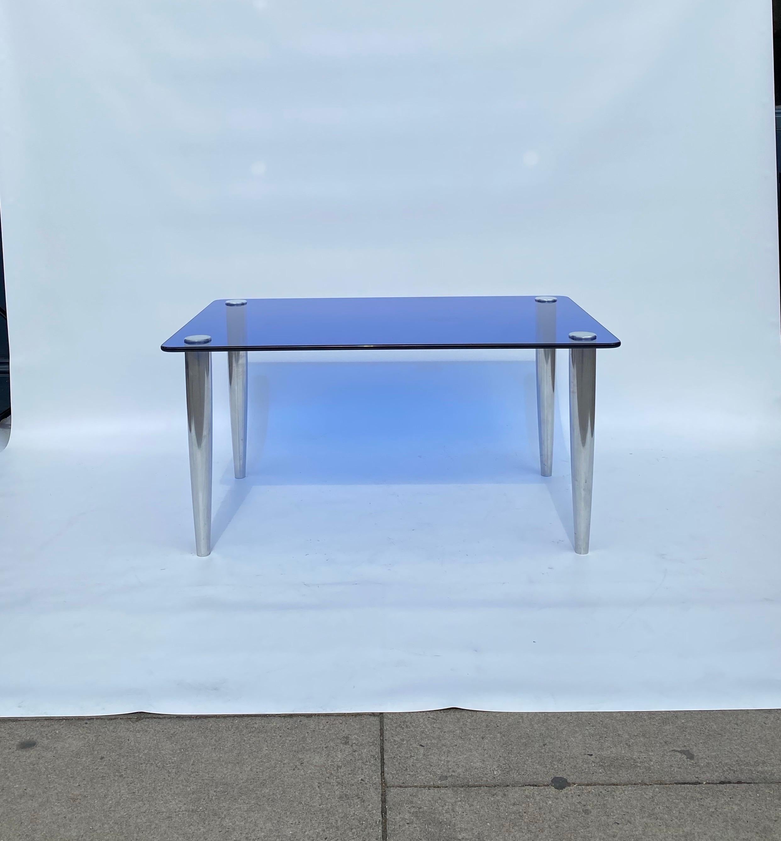 1950s Fontana Arte Blau Glas Rechteckig Couchtisch Stahl Chrom Sofa Italienisch im Zustand „Gut“ im Angebot in London, GB