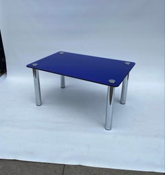 1950s Fontana Arte Blue Mirror Rectangular Coffee Table Chrome sofa Italian