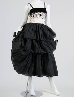 1950S FONTANA COUTURE Black & White Silk Dupioni Tiered Skirt Gown With Velvet