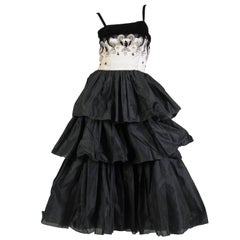 1950S FONTANA COUTURE Black & White Silk Dupioni Tiered Skirt Gown With Velvet