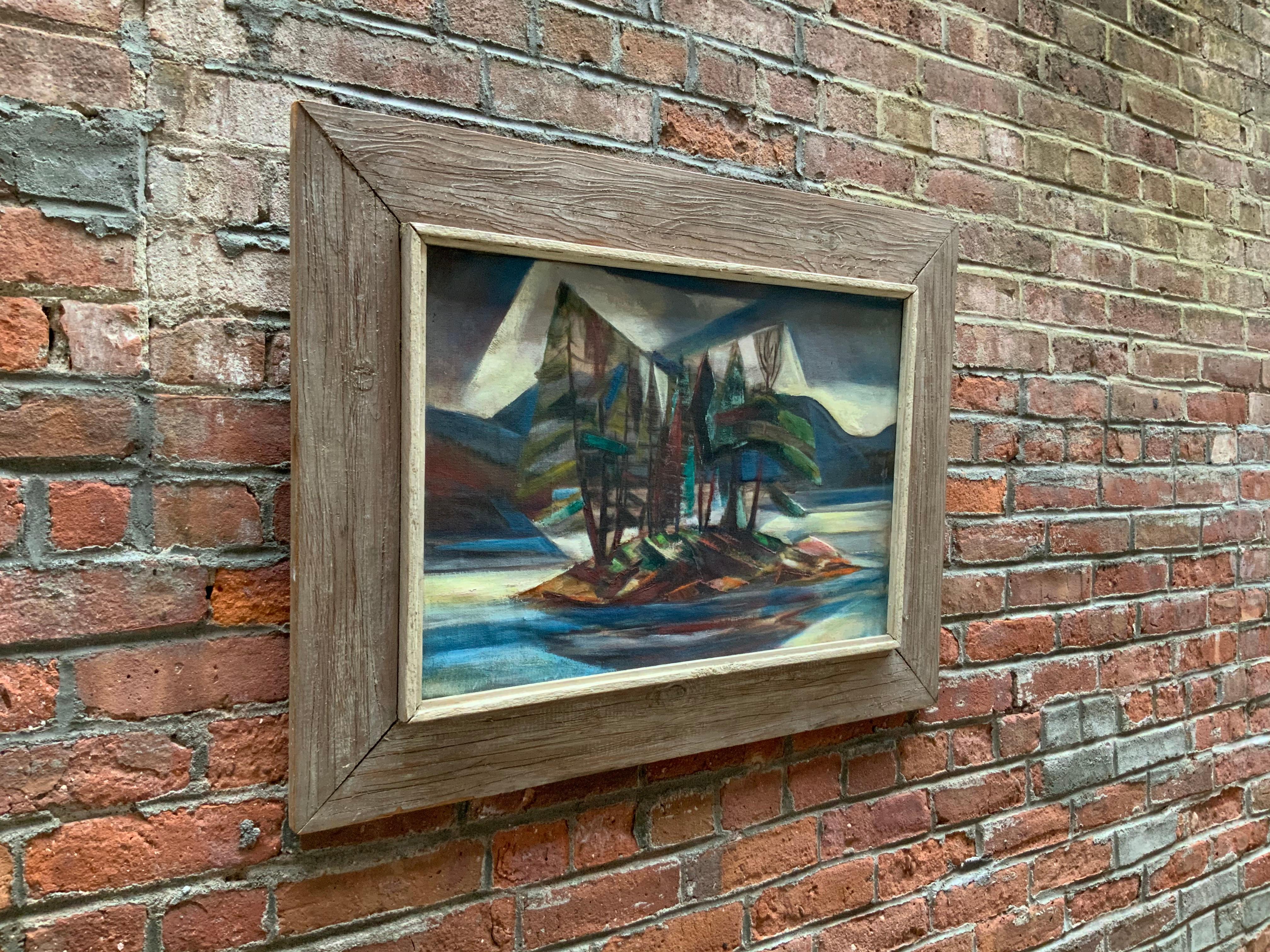 Wonderful modernist oil painting on canvas, circa 1950, of a forest island on a lake. Unsigned work that has an inscription on the reverse of the frame, The P....Co., 751 NW Wilson, Portland, Ore. Masterfully rendered 