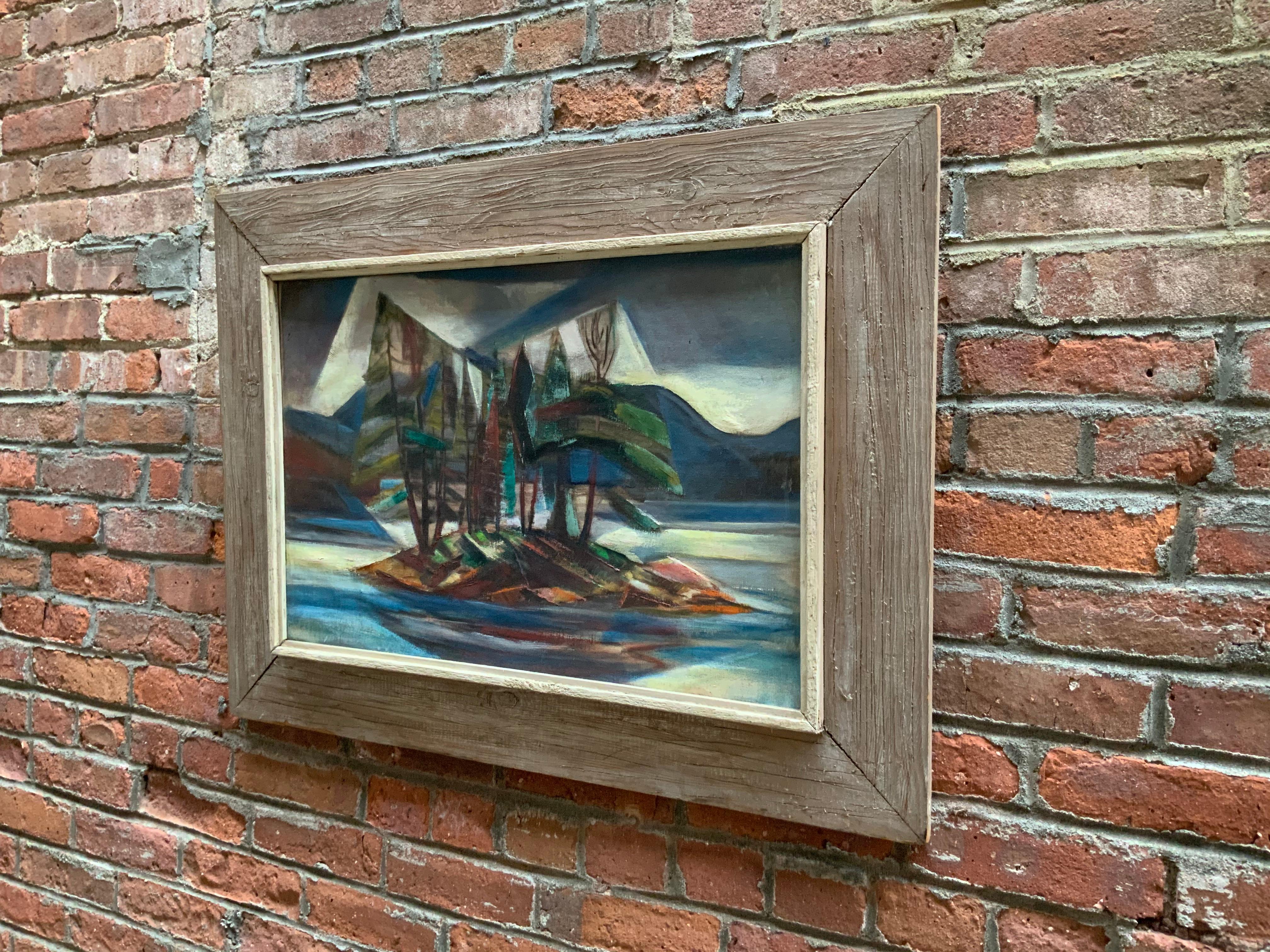 Mid-Century Modern 1950s Forest Island Cubist Painting
