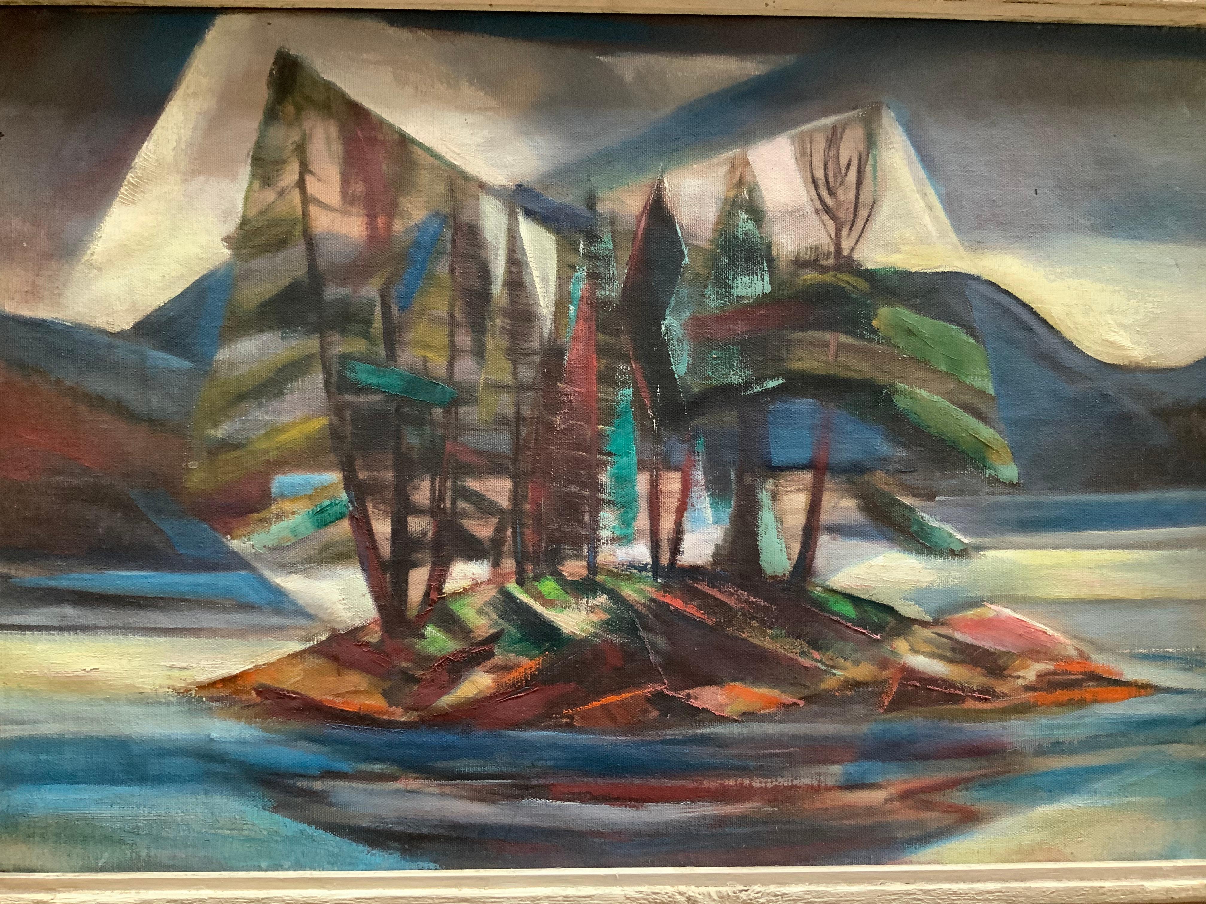 1950s Forest Island Cubist Painting In Good Condition In Garnerville, NY