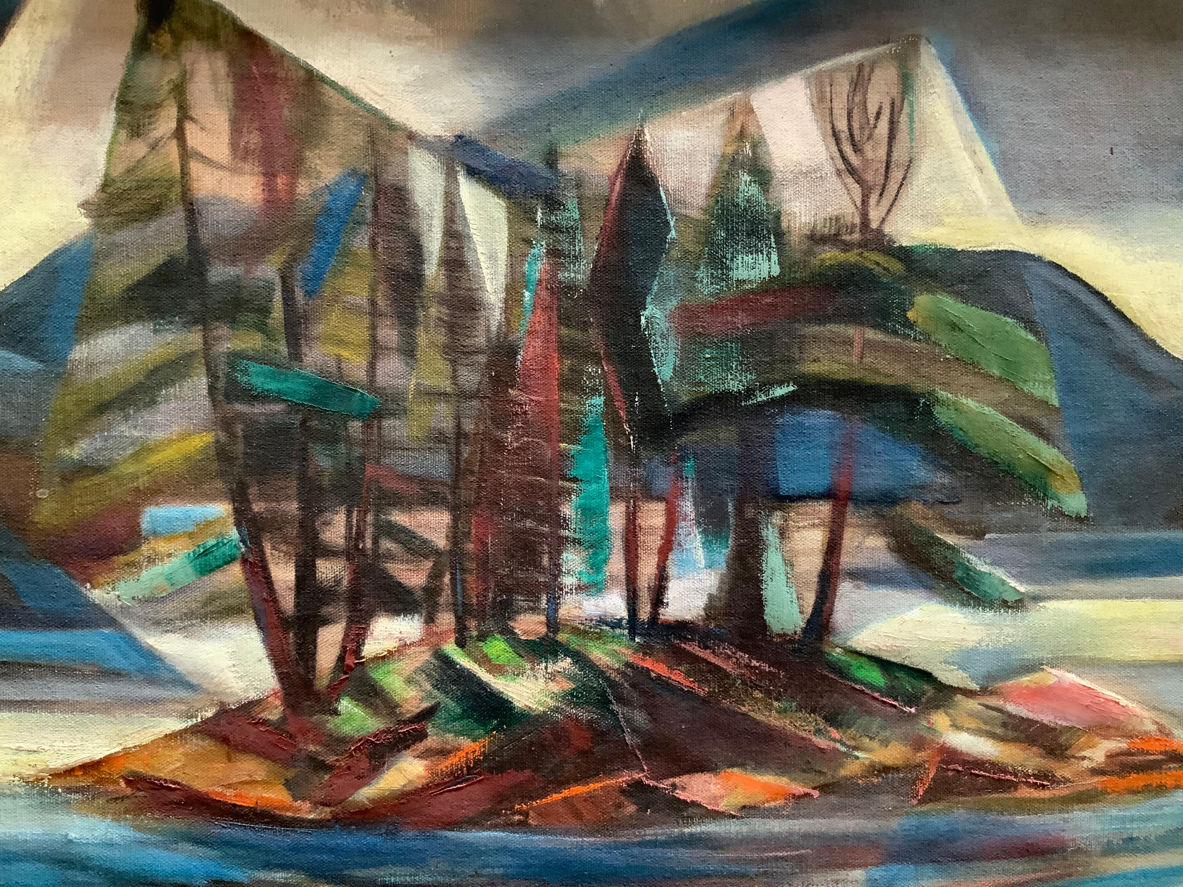 Mid-20th Century 1950s Forest Island Cubist Painting