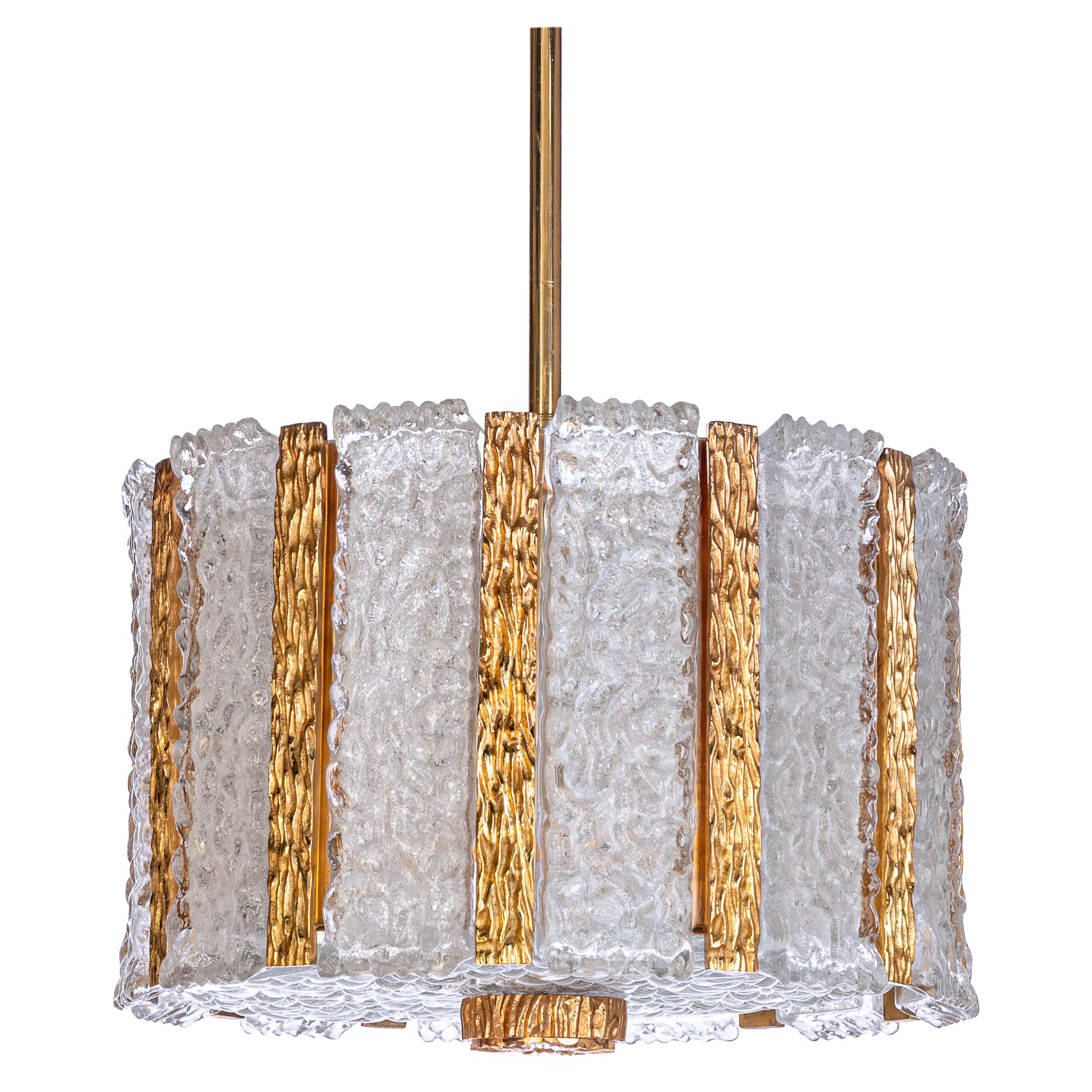 1950s Four-Light Gilt Brass and Frosted Glass Chandelier by Kalmar