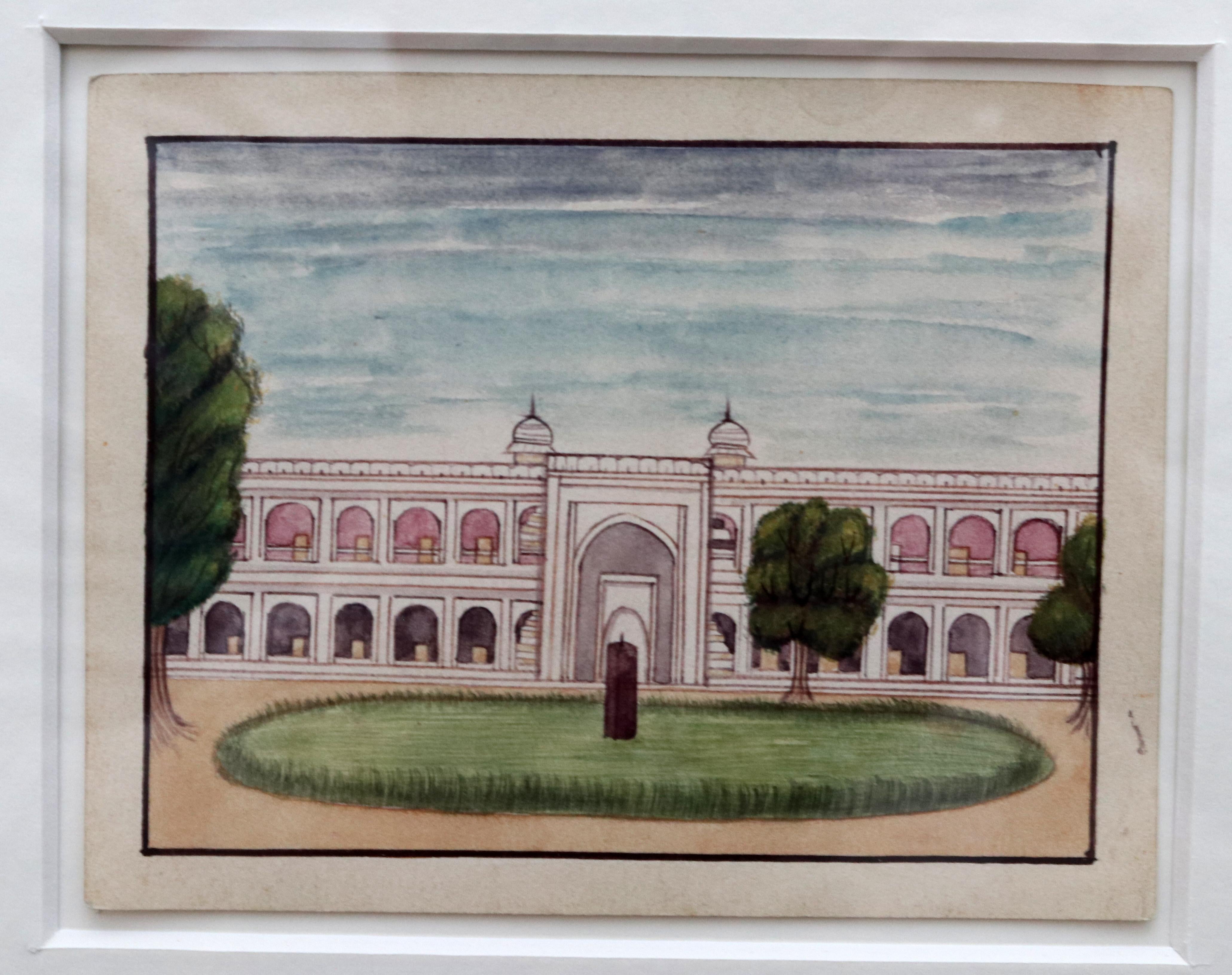 1950s Framed Collage Painting Composed of 9 Small Hand Drawn Indian Palaces For Sale 5