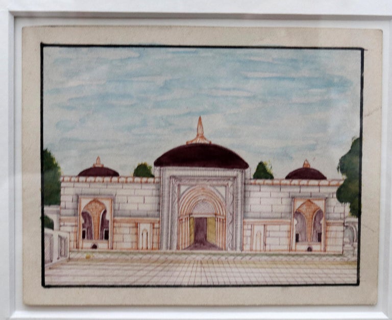 1950s Framed Collage Painting Composed of 9 Small Hand Drawn Indian Palaces For Sale 6