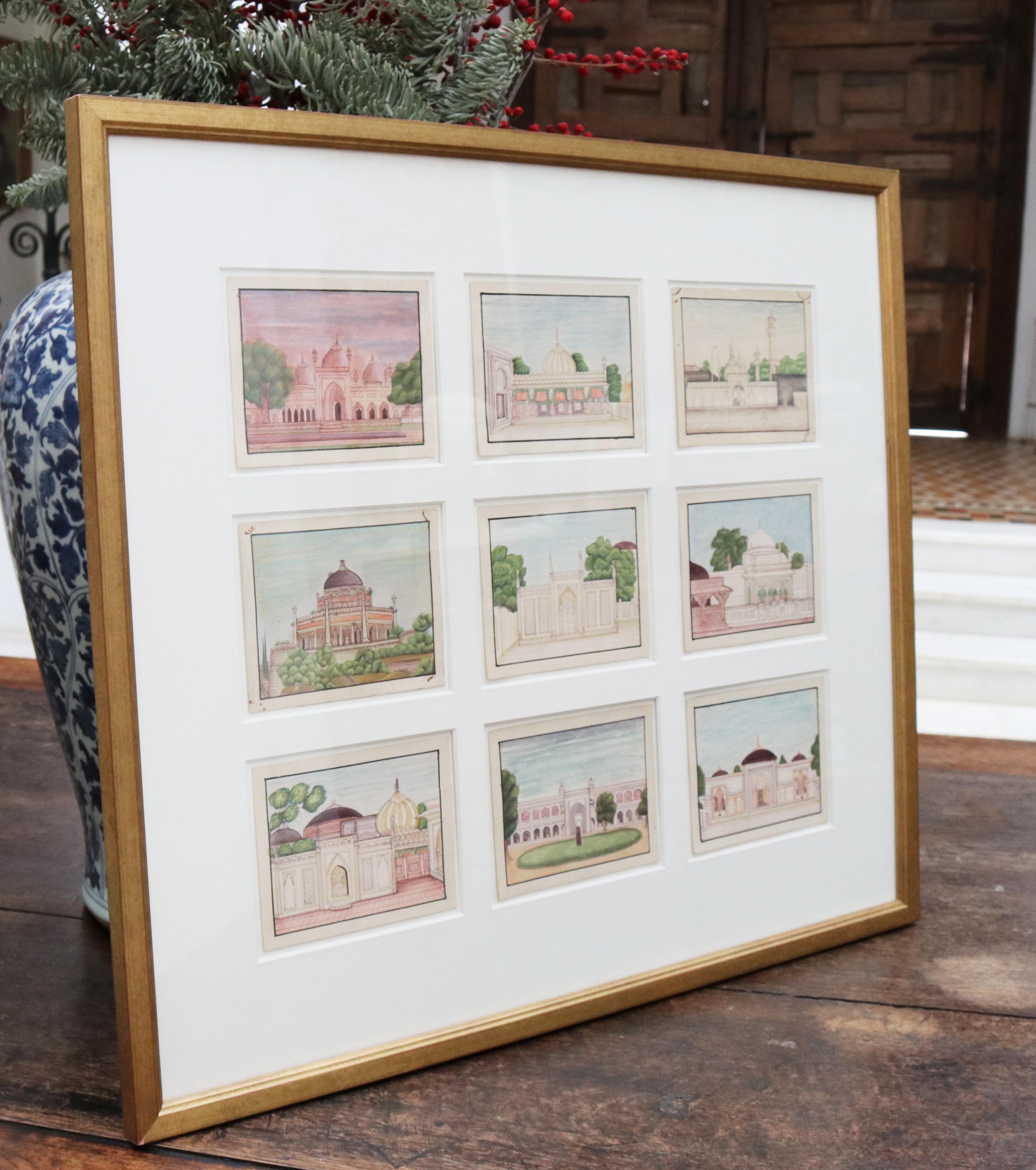 1950s framed collage painting composed of 9 small hand drawn Indian palaces.