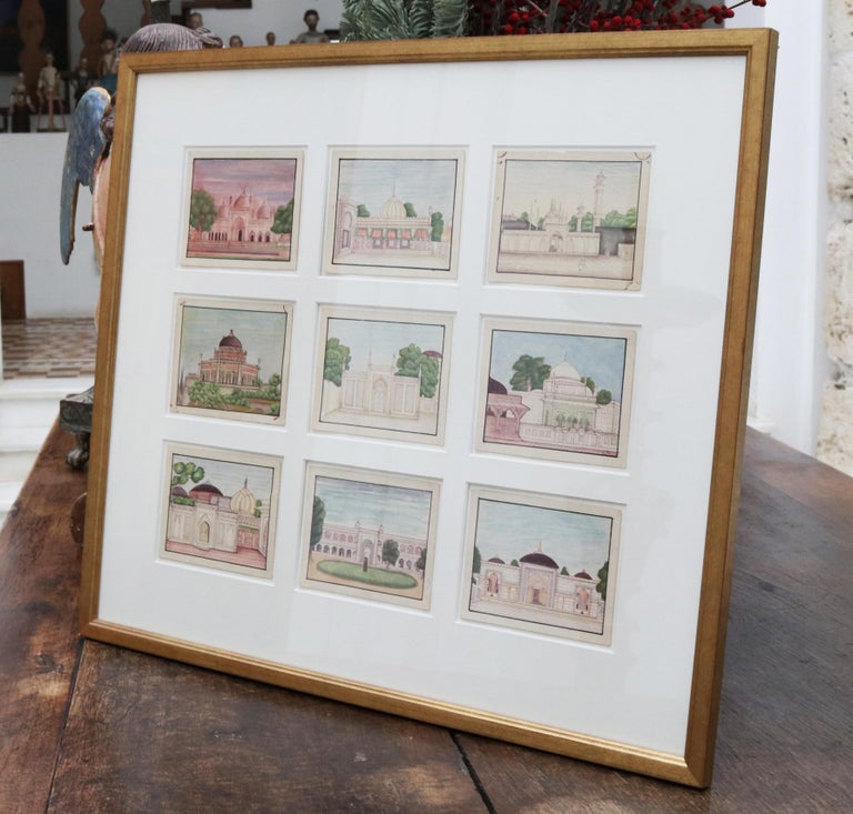Hand-Painted 1950s Framed Collage Painting Composed of 9 Small Hand Drawn Indian Palaces For Sale