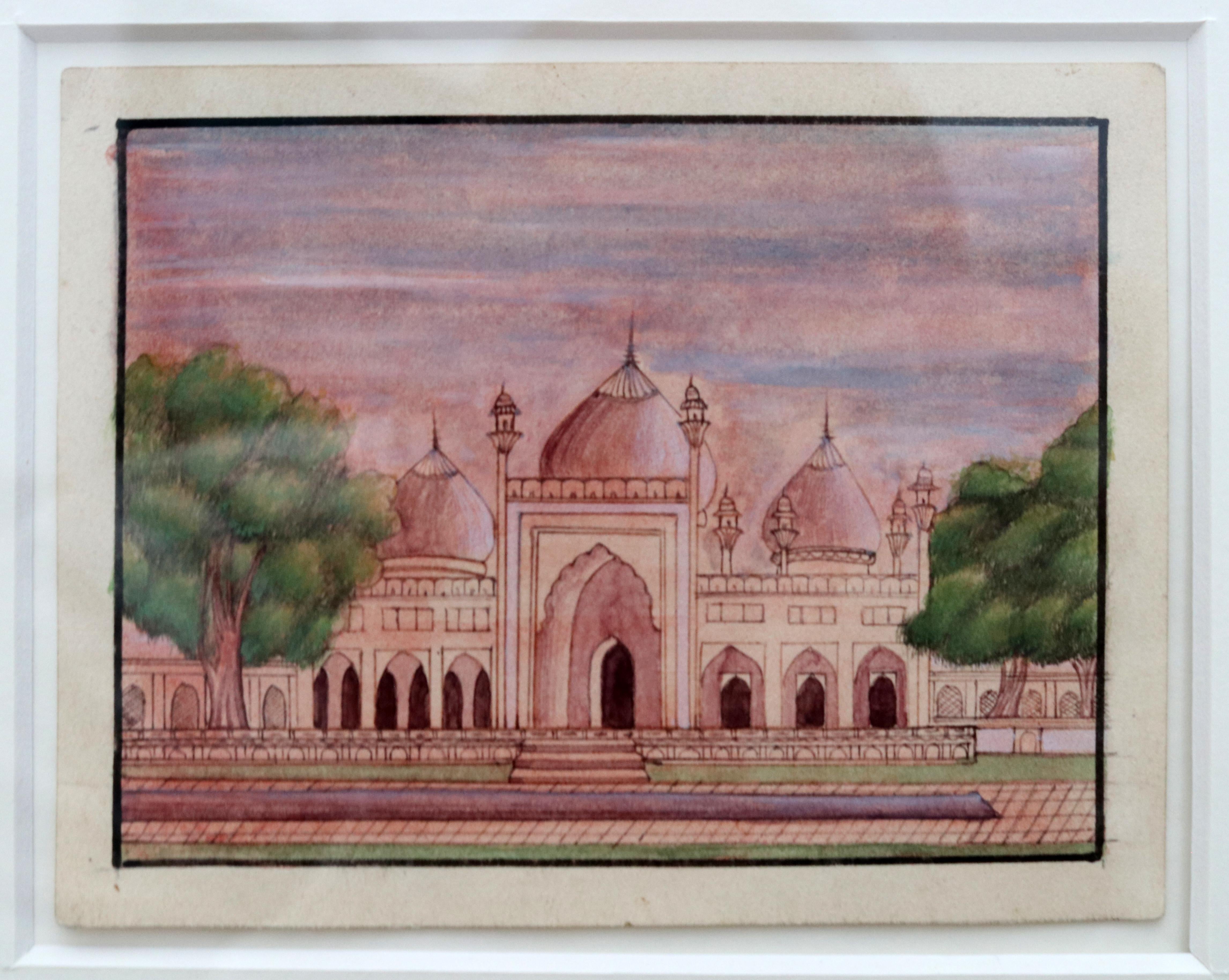 1950s Framed Collage Painting Composed of 9 Small Hand Drawn Indian Palaces In Good Condition For Sale In Marbella, ES