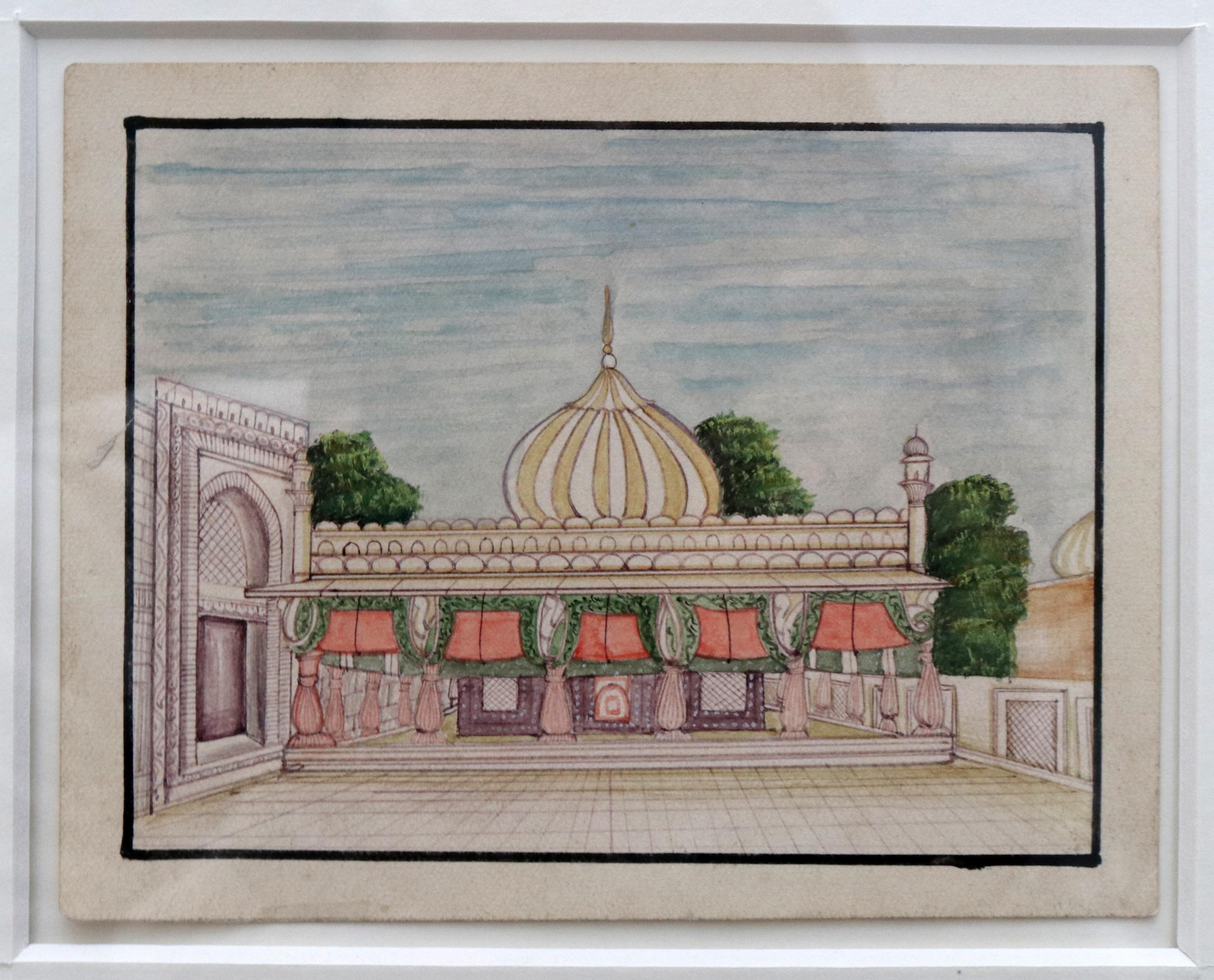 20th Century 1950s Framed Collage Painting Composed of 9 Small Hand Drawn Indian Palaces For Sale