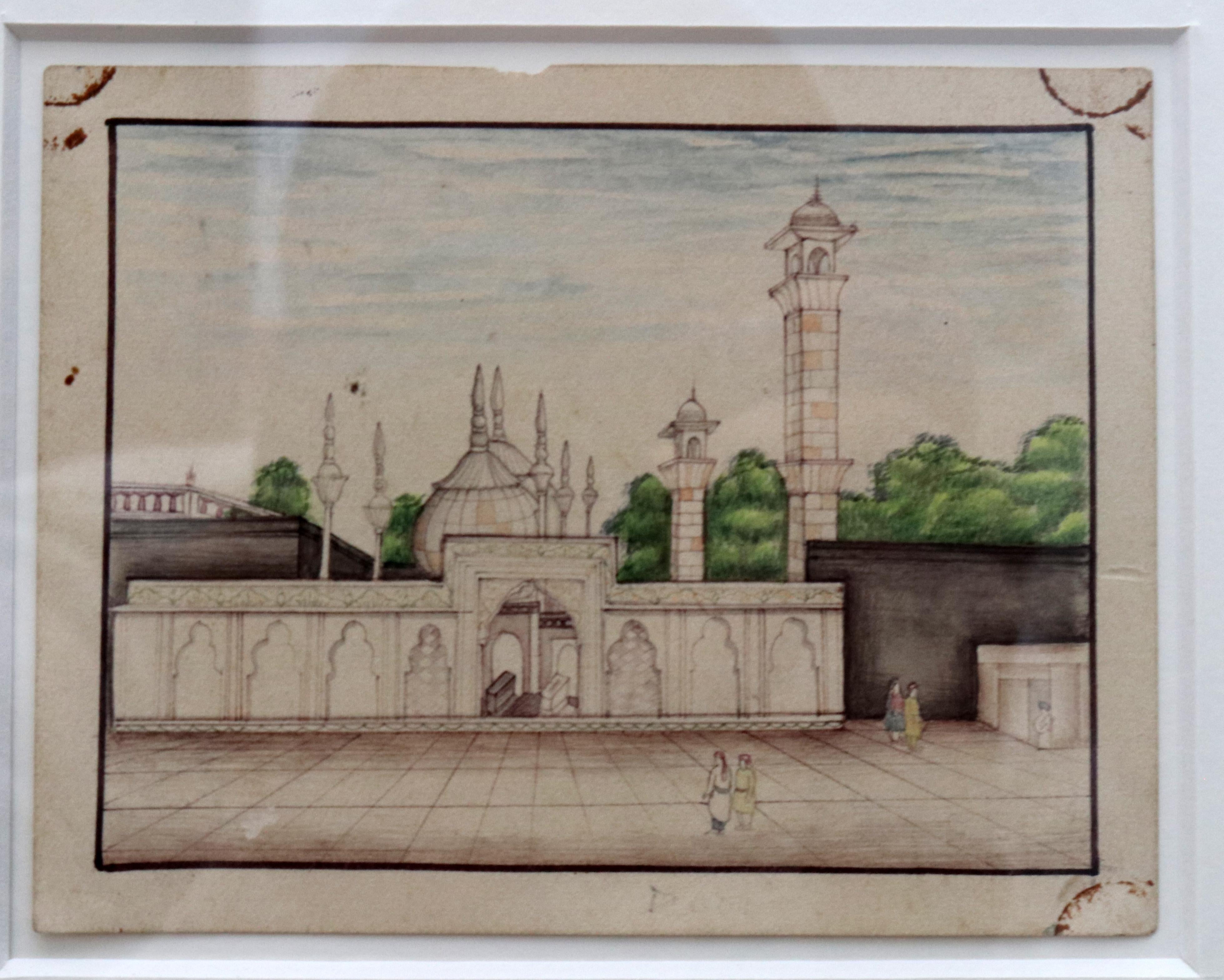 Paper 1950s Framed Collage Painting Composed of 9 Small Hand Drawn Indian Palaces For Sale