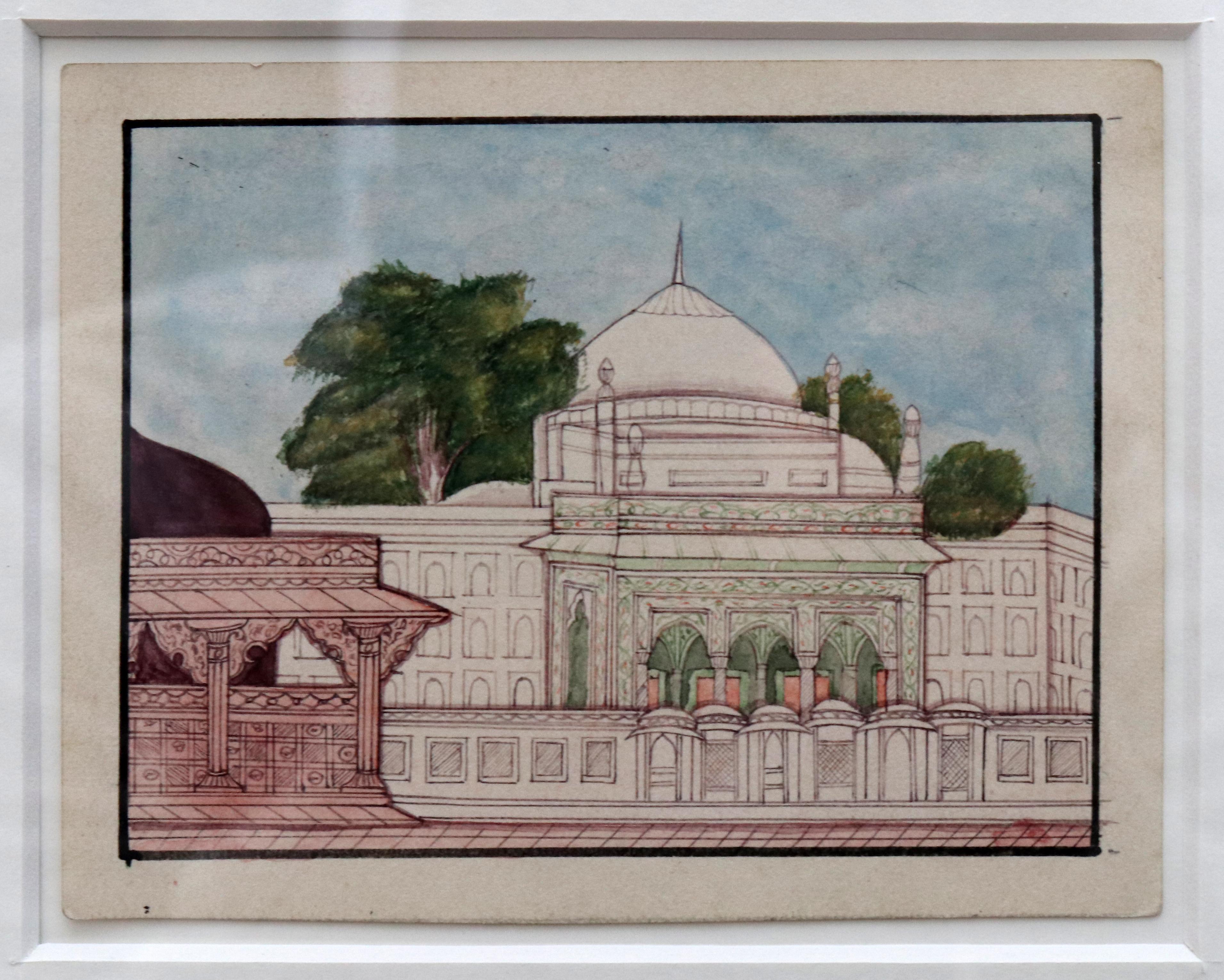 1950s Framed Collage Painting Composed of 9 Small Hand Drawn Indian Palaces For Sale 1