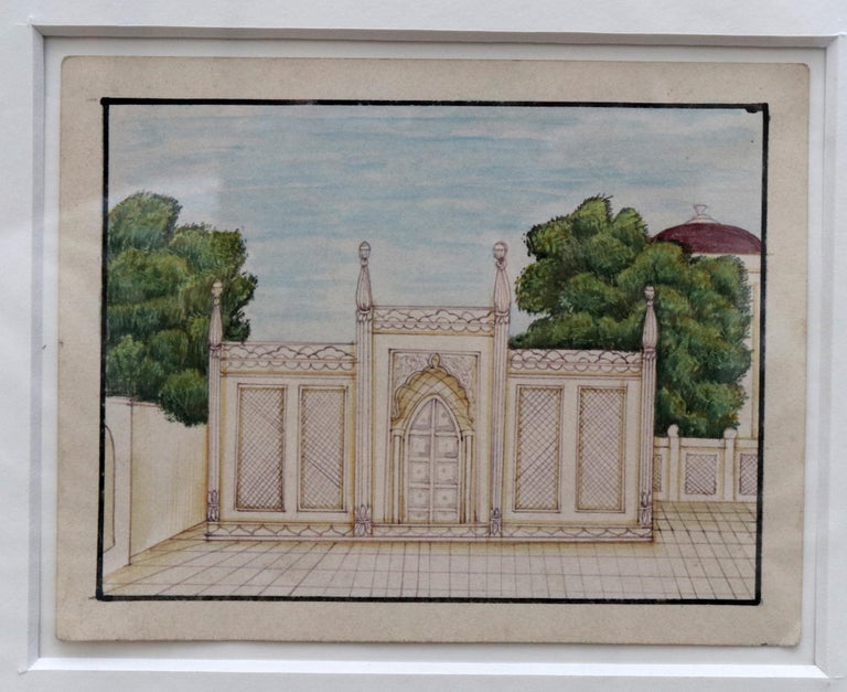 1950s Framed Collage Painting Composed of 9 Small Hand Drawn Indian Palaces For Sale 2