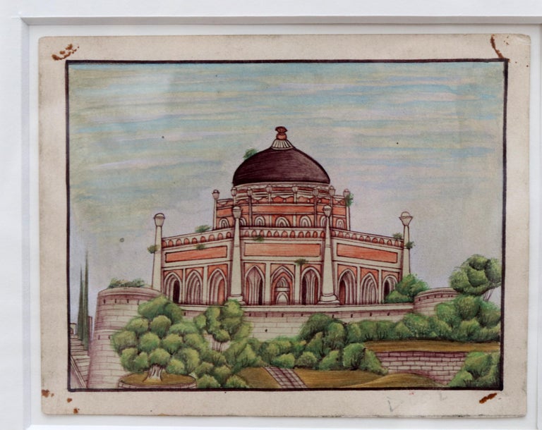 1950s Framed Collage Painting Composed of 9 Small Hand Drawn Indian Palaces For Sale 3