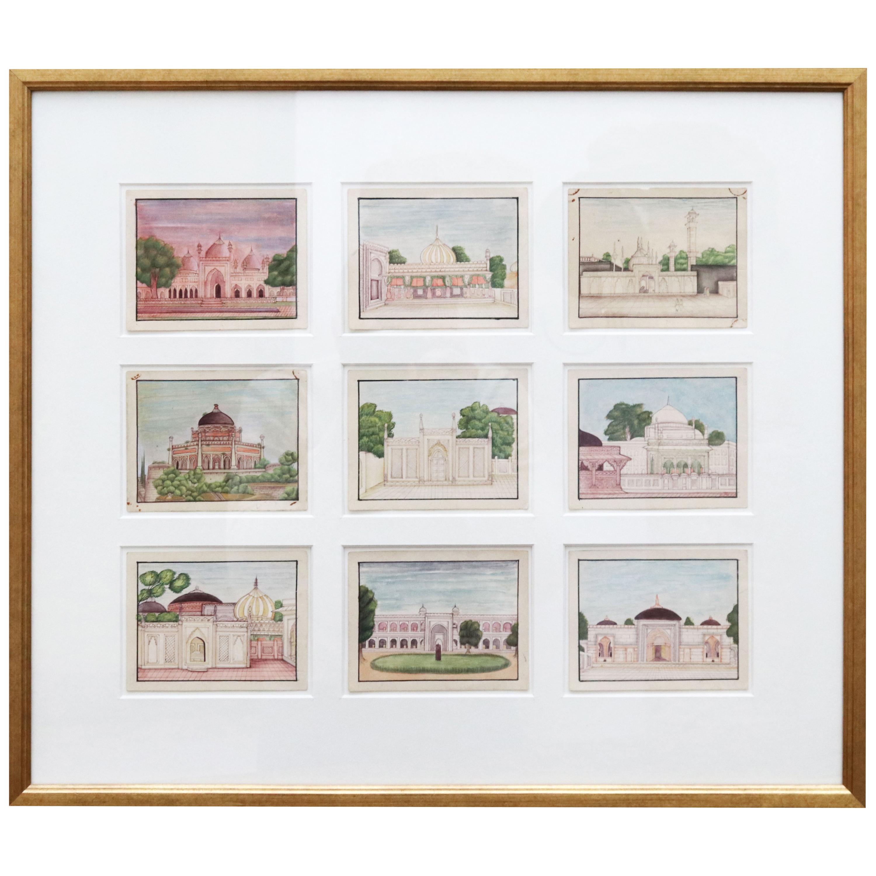 Peinture à collage encadrée des années 1950 composée de 9 petits palais indiens dessinés à la main